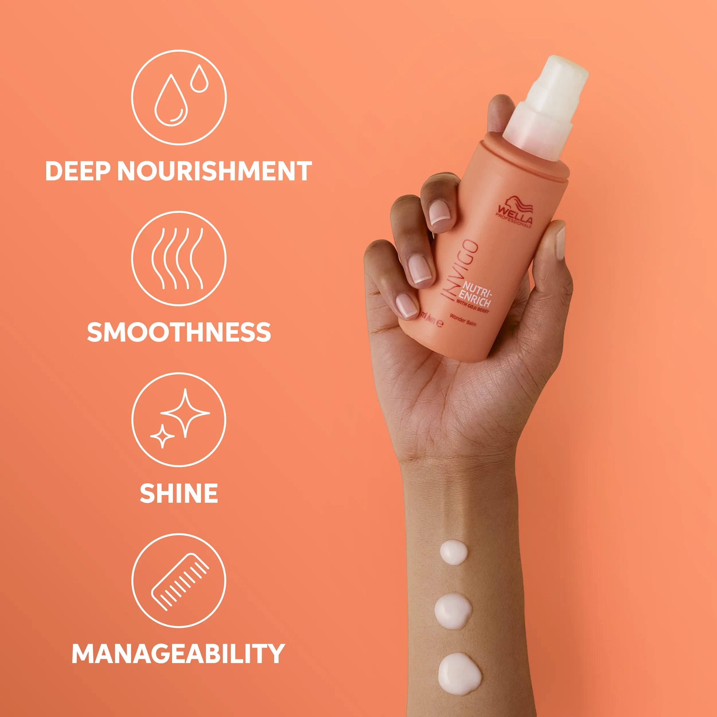 Photograph of a woman's arm holding Invigo Nutri-Enrich Wonder Balm, with blobs of the hair product up her arm, beside text which says 'deep nourishment, smoothness, shine & manageability'.