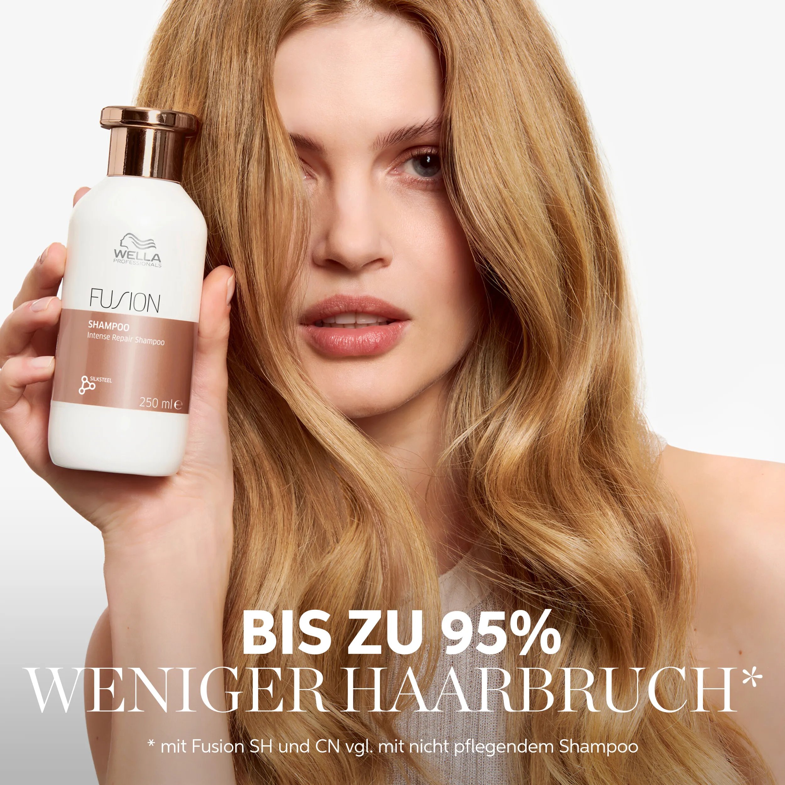 Image of a young female model with tousled long peachy-blonde hair, with text overlaid saying 'up to 95% more resilience against breakage* *with Fusion SH, CN and Mask vs non-conditioning shampoo.'