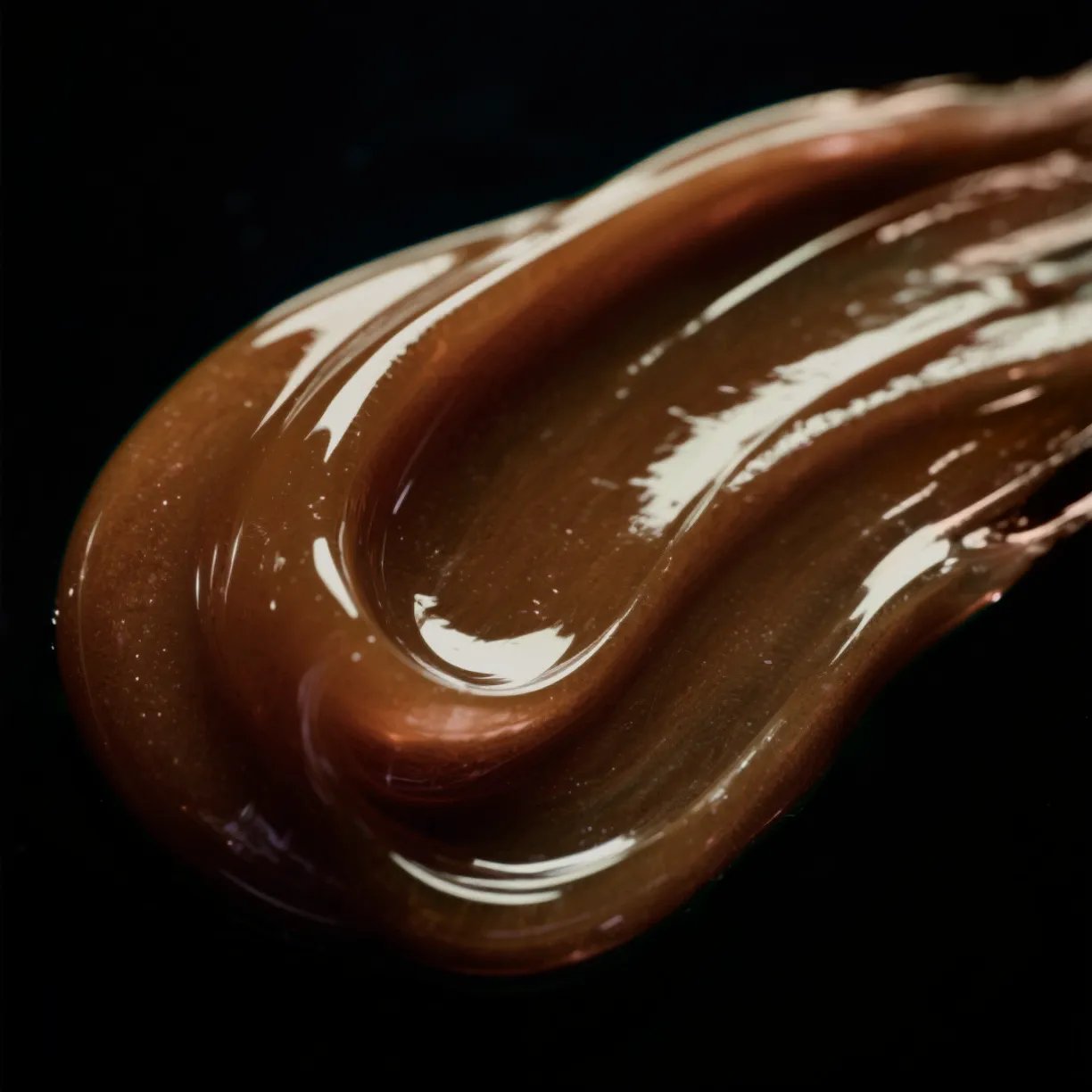 Primo piano di uno swatch di Cellophane Semi-Permanent Colour Gloss color marrone cioccolato