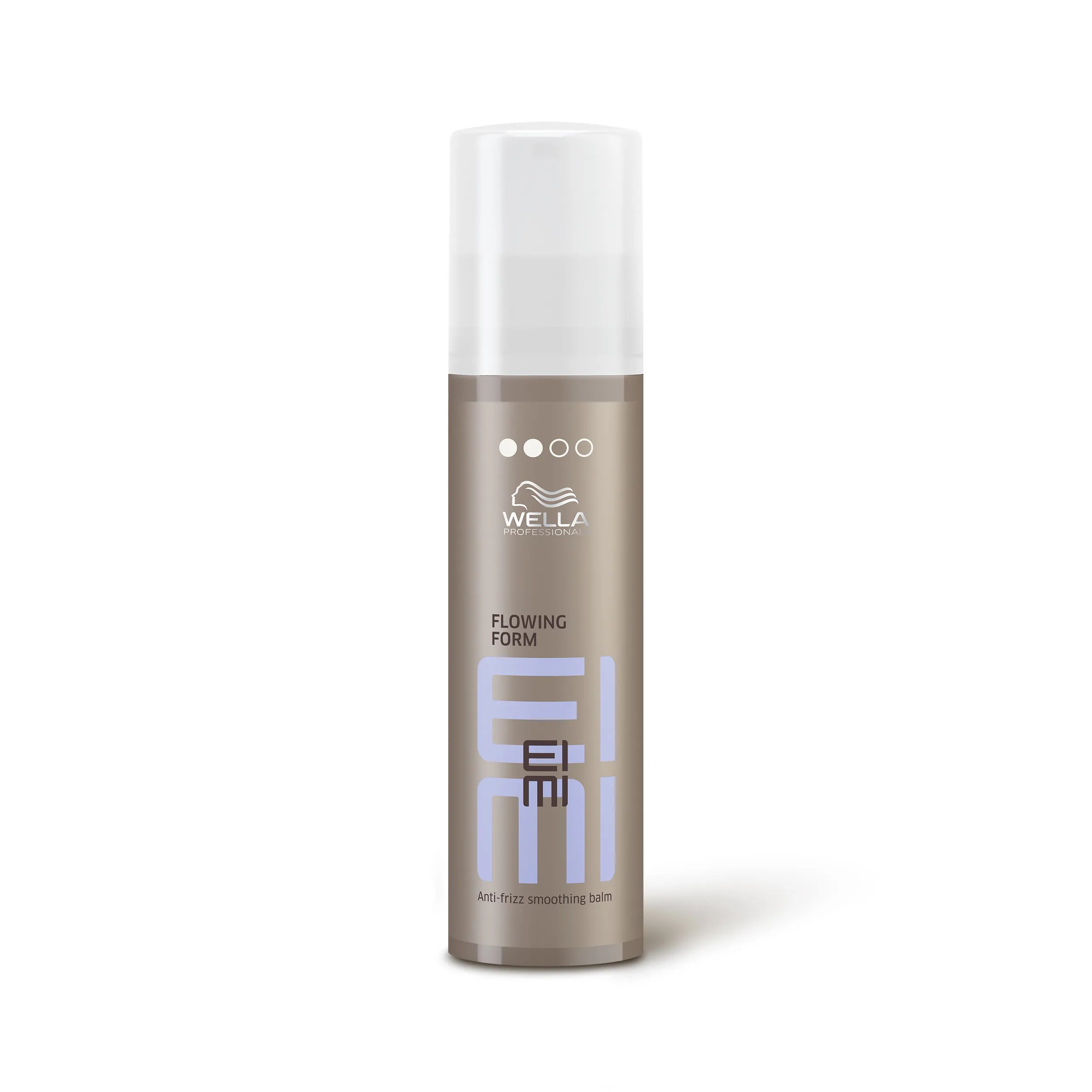 Wella EIMI Flowing Form smoothing hair balm packshot - a pewter bottle with a white lid and violet EIMI logo.