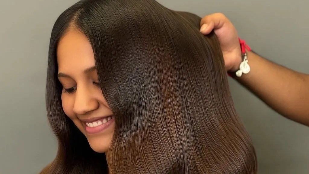Model with long, smooth brunette hair while a stylist lifts a section of hair.