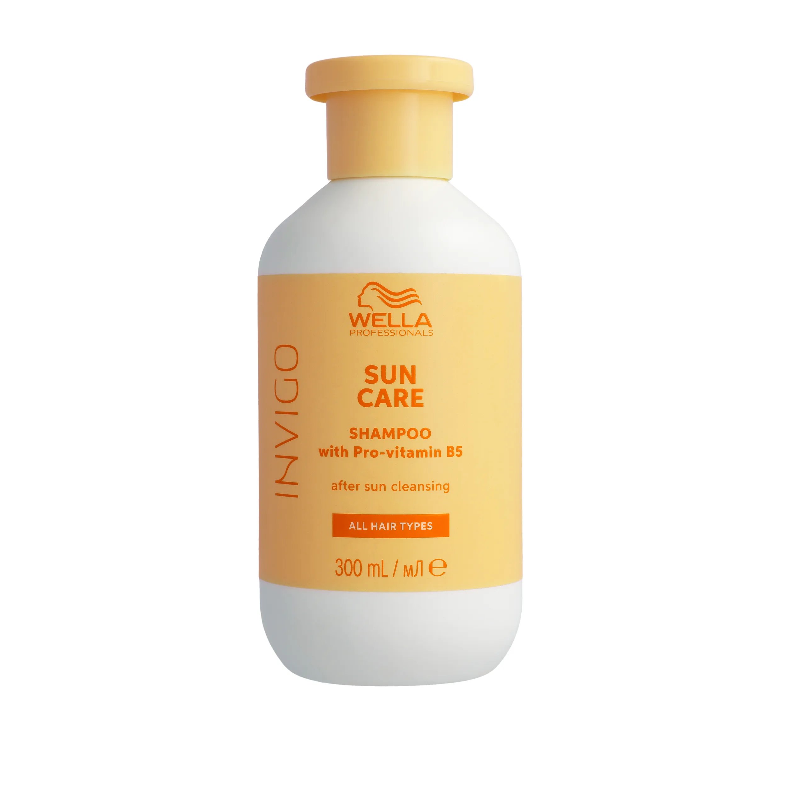 Packshot of Wella Professionals Invigo Sun Shampoo a yellow bottle with red font and a  red Wella logo.