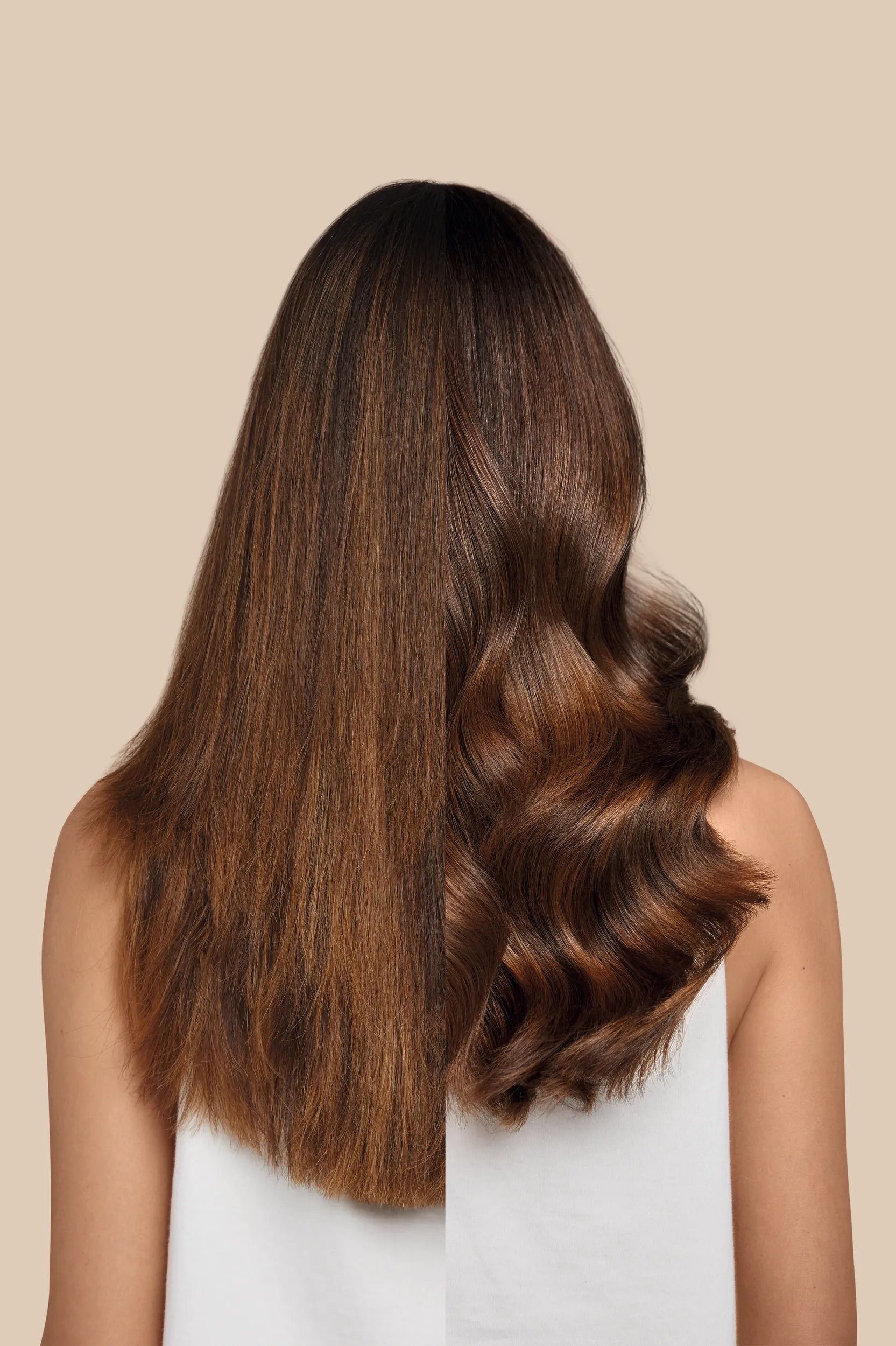 Before and after showing model’s blonde hair turning copper red with Color Touch.