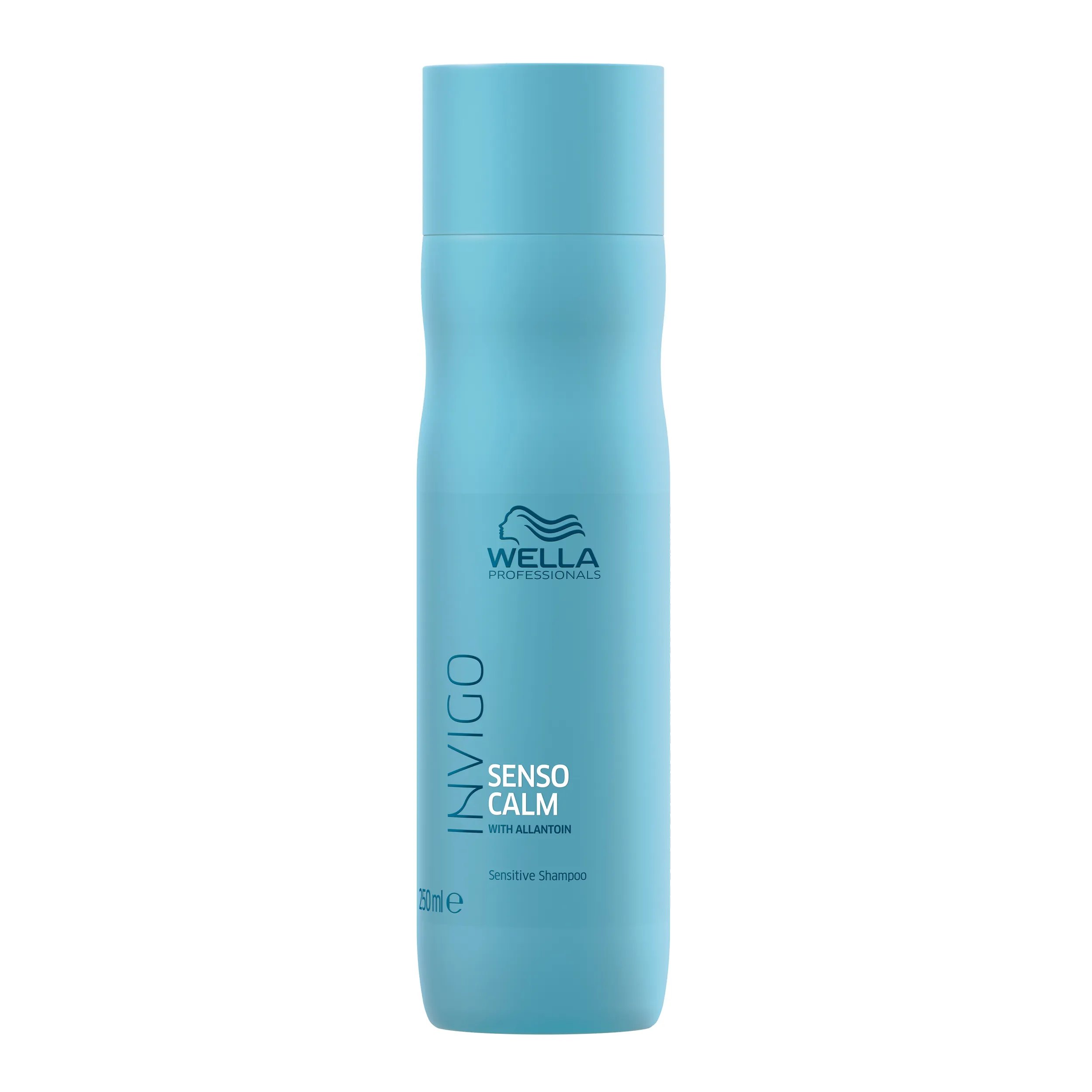 Pack shot of Invigo Senso Calm Sensitive Shampoo blue bottle with EIMI logo.