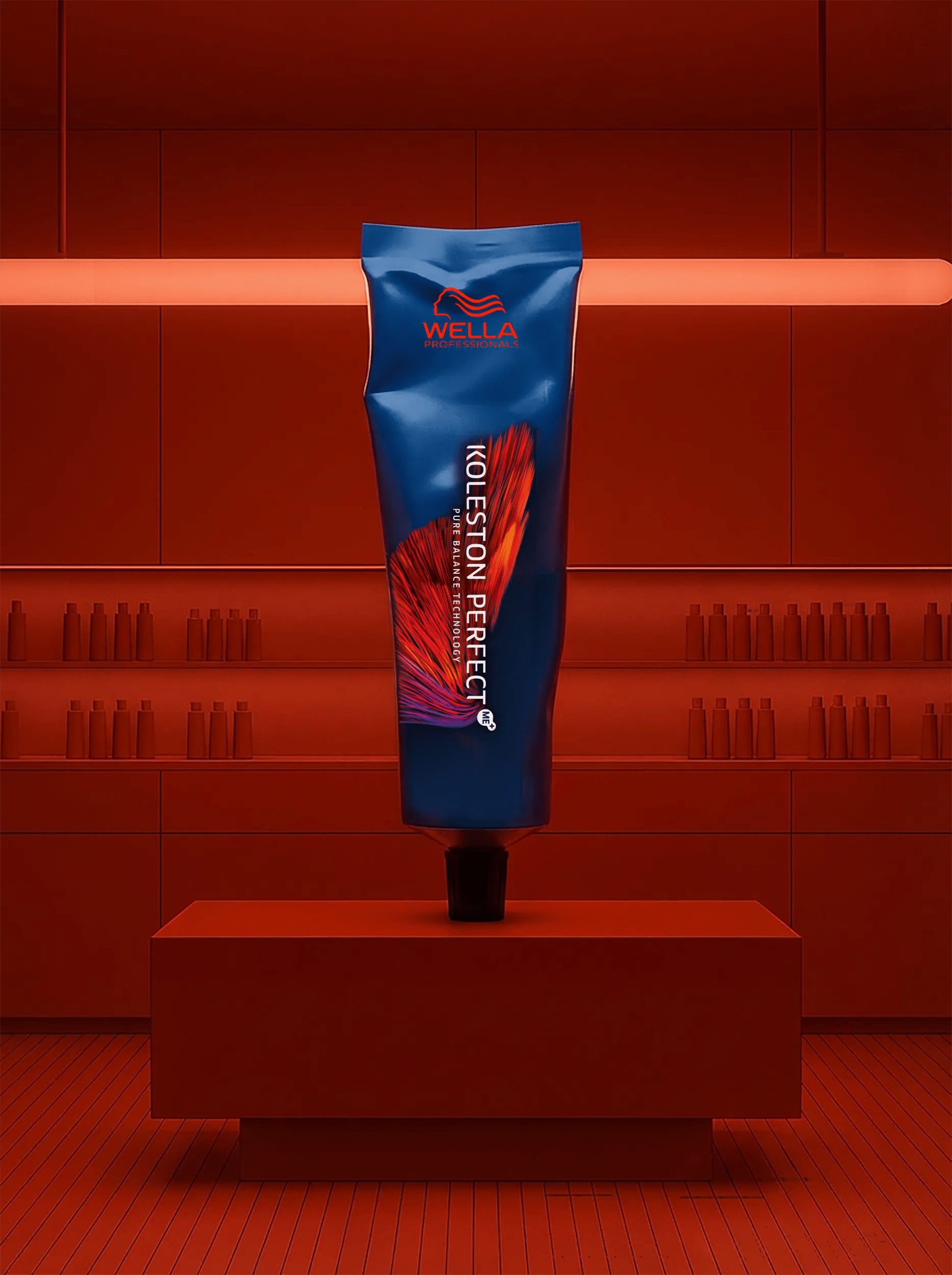 Model with a chocolate brown afro looks sideways on to the camera. They're holding up one of Wella's products to the camera.