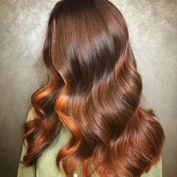woman with long, wavy, and glossy brown hair featuring blonde highlights.