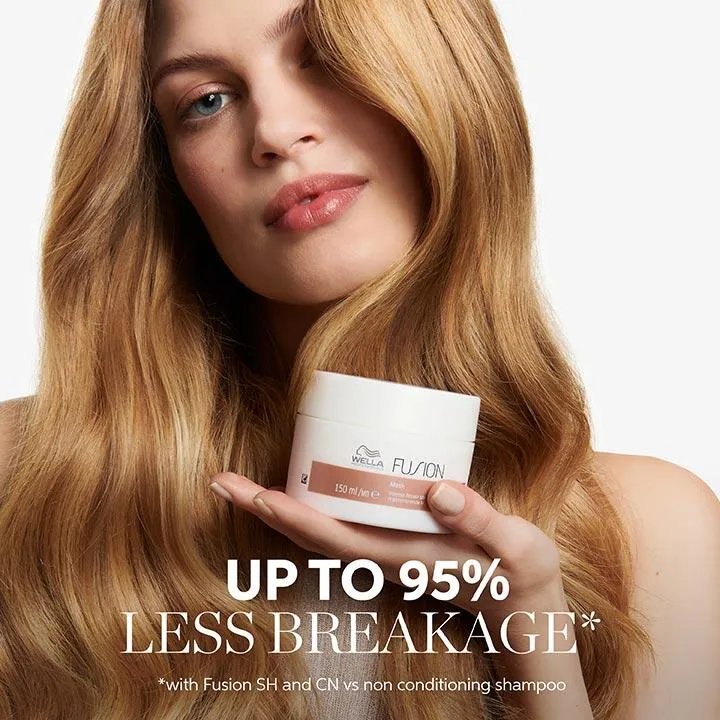 Image of a young female model with tousled long peachy-blonde hair holding the mask, with text overlaid saying 'up to 95% more resilience against breakage* *with Fusion SH, CN and Mask vs non-conditioning shampoo.'