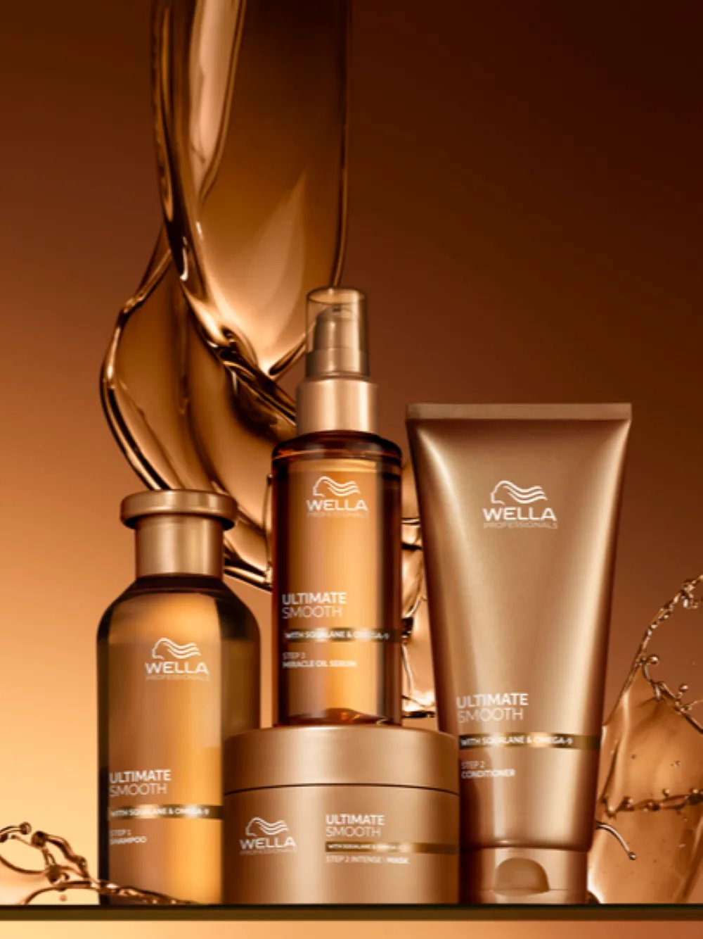 Wella Professionals hair care products displayed in a gold-toned packshot.