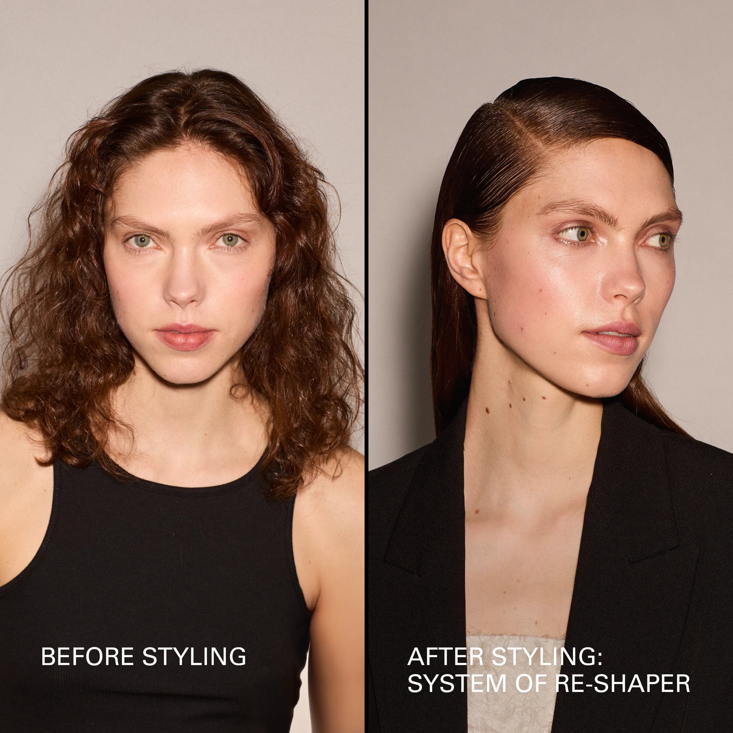 Image avant et après d'un modèle avant et après le coiffage. Les cheveux du mannequin sont naturellement bouclés à gauche et lissés à droite.