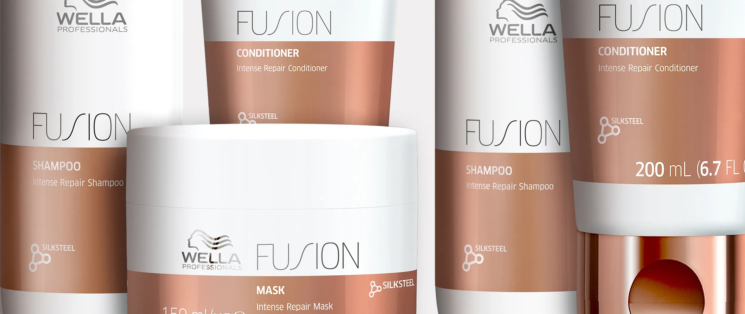 Wella Fusion Intense Repair shampoo, conditioner, and mask product shot.