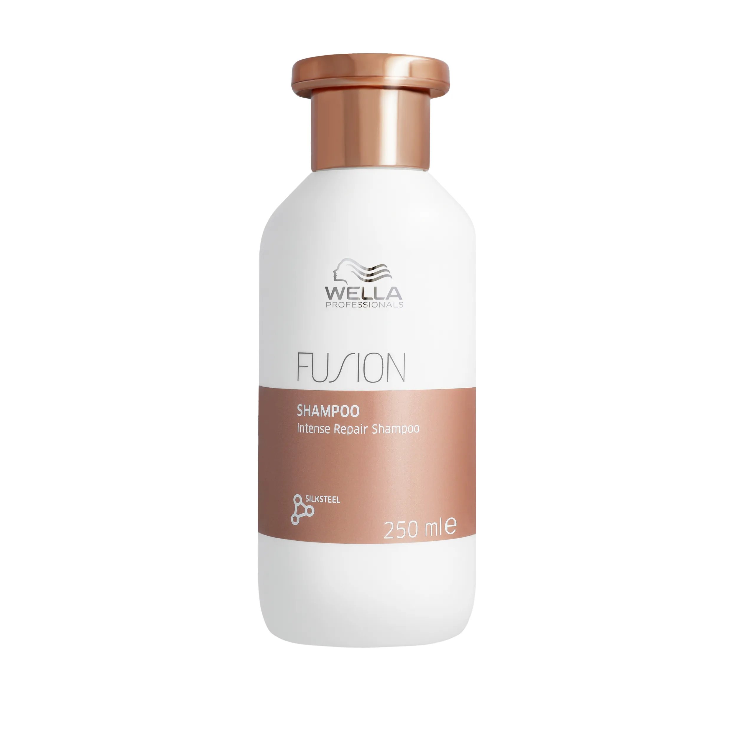 Packshot of Wella Professionals Fusion Intense Repair Shampoo - a white bottle with a bronze banner, bronze lid and silver Wella logo.
