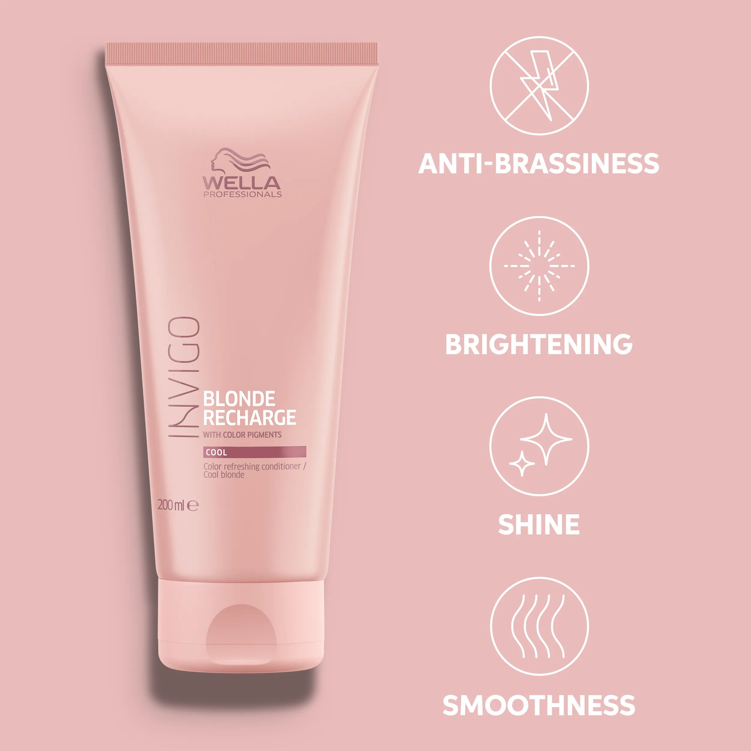 Packshot of Invigo Blonde Recharge Shampoo with text: 'anti-brassiness, brightening, shine, color refreshing'