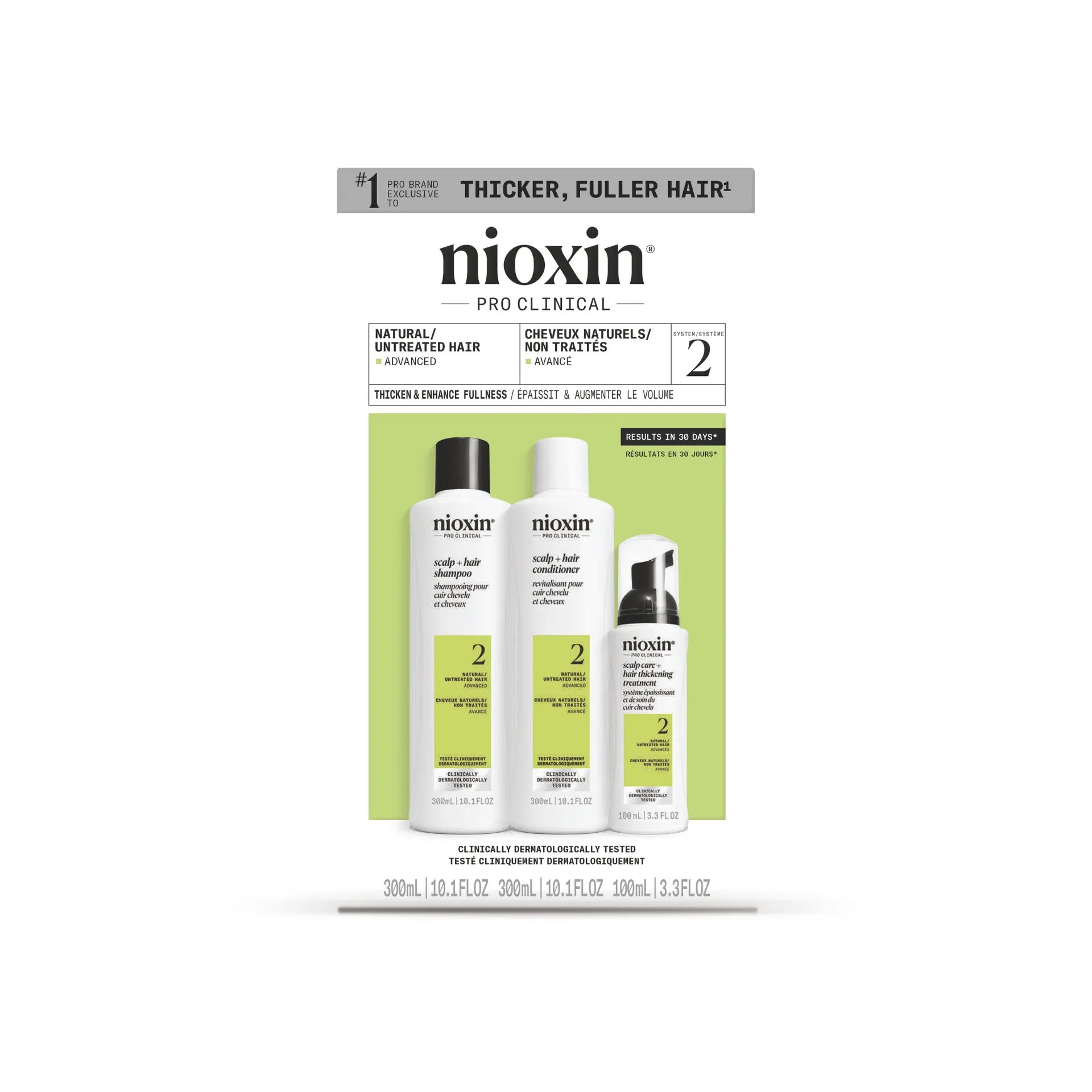 Nioxin full side system 2 conditioner, shampoo and hair thickening treatment bottles against white backgroumd