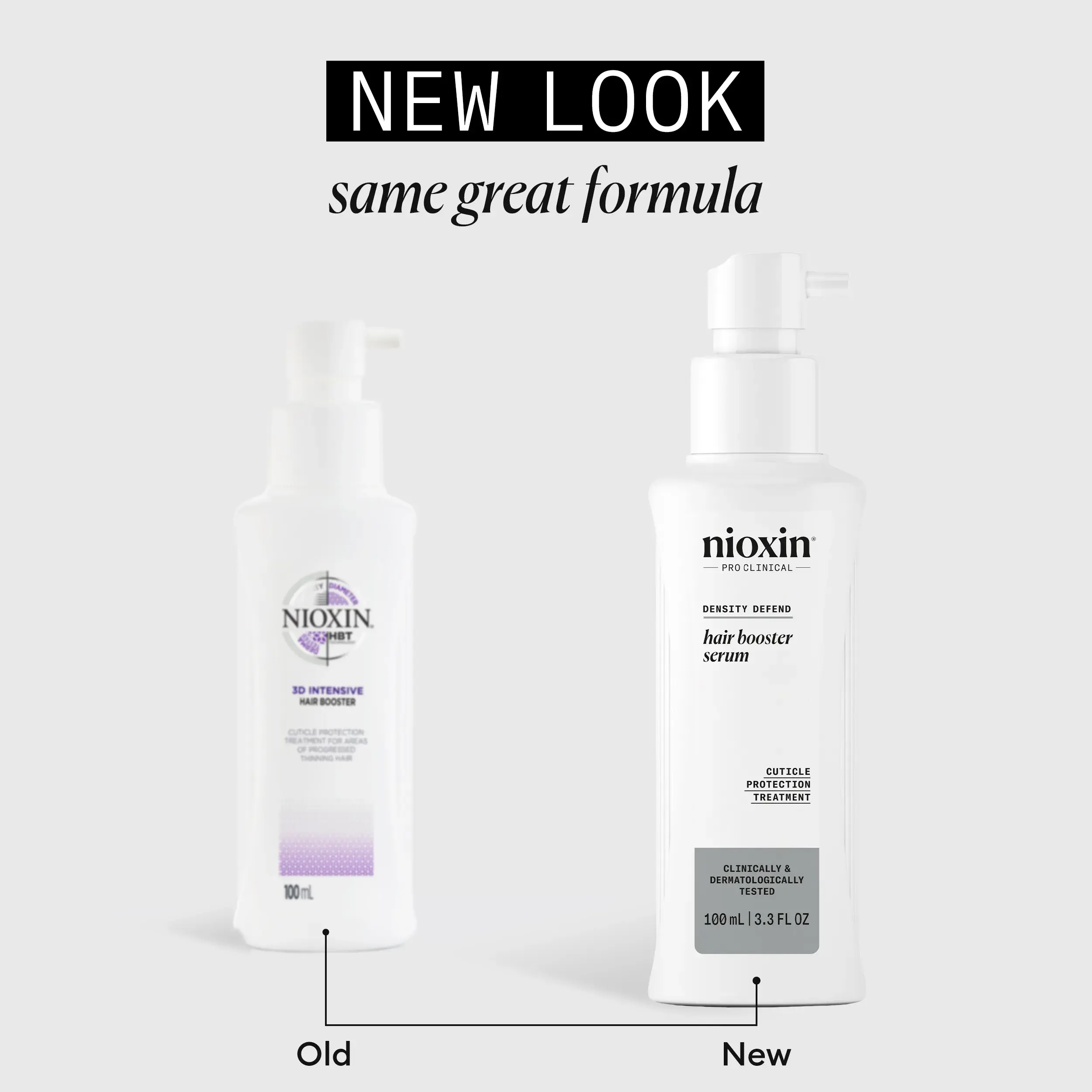 Παλιά και νέα φιάλη Nioxin Hair Booster σε λευκό φόντο