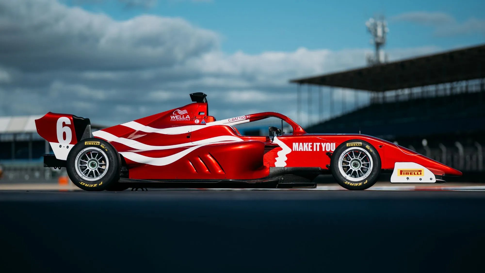 The Wella red MAKE IT YOU race car livery at Silverstone.
