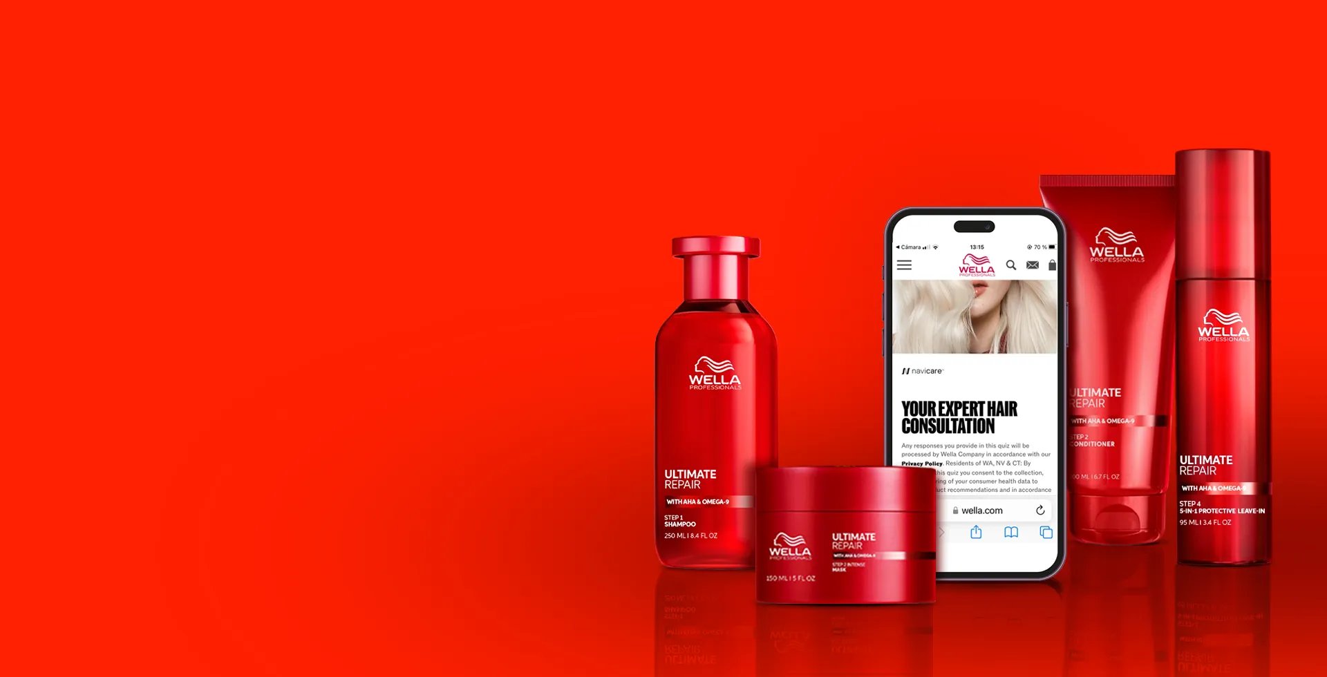 Portrait of a woman with long blonde hair partially obscuring her face, against a red background.