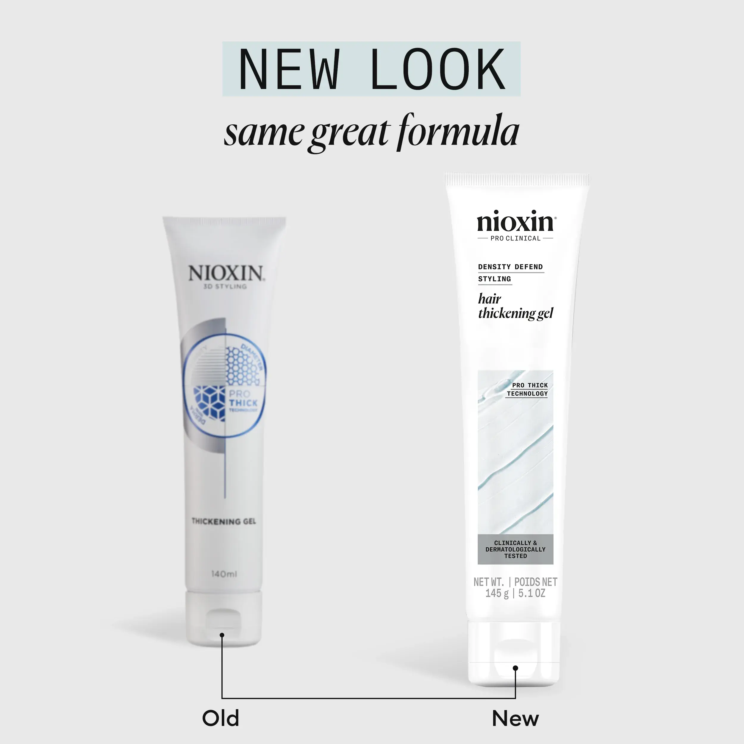 Envase antiguo y nuevo del gel espesante para el cabello, uno al lado del otro