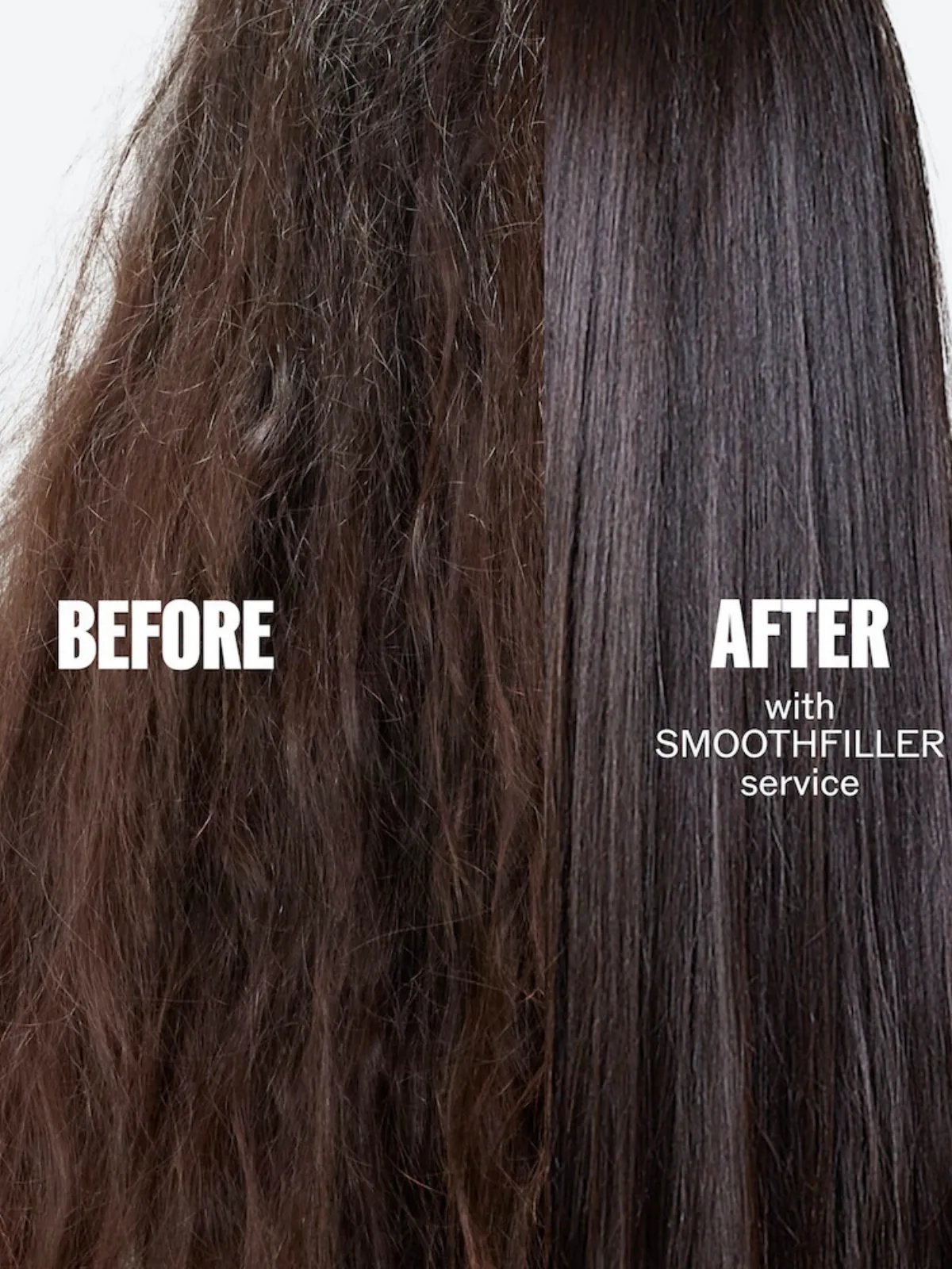 Model’s dark brown, frizzy hair appearing shiny and smooth after a SmoothFiller service.
