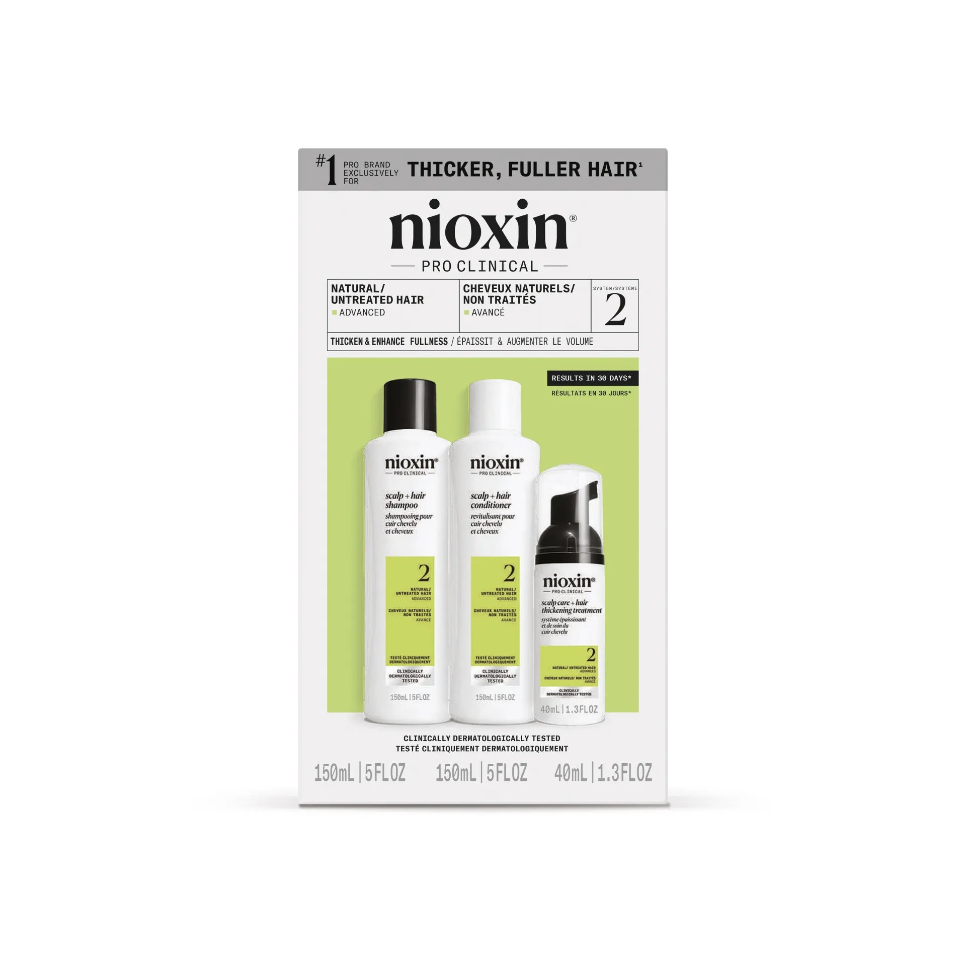 Nioxin full side system 2 conditioner, shampoo and hair thickening treatment bottles against white backgroumd