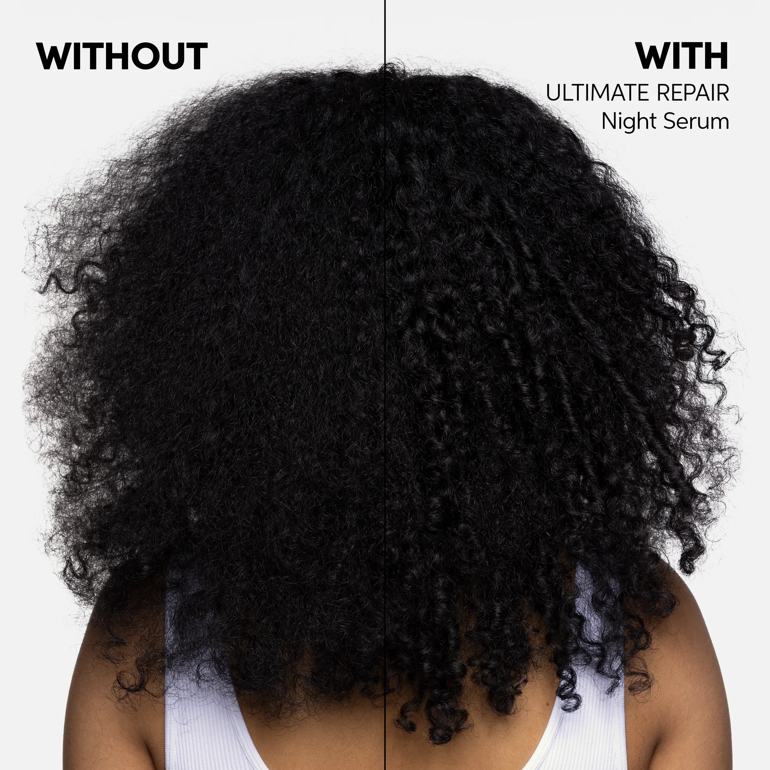 Before and after showing model’s black, curly hair appearing frizz-free and glossy after using ULTIMATE REPAIR Night Serum. 