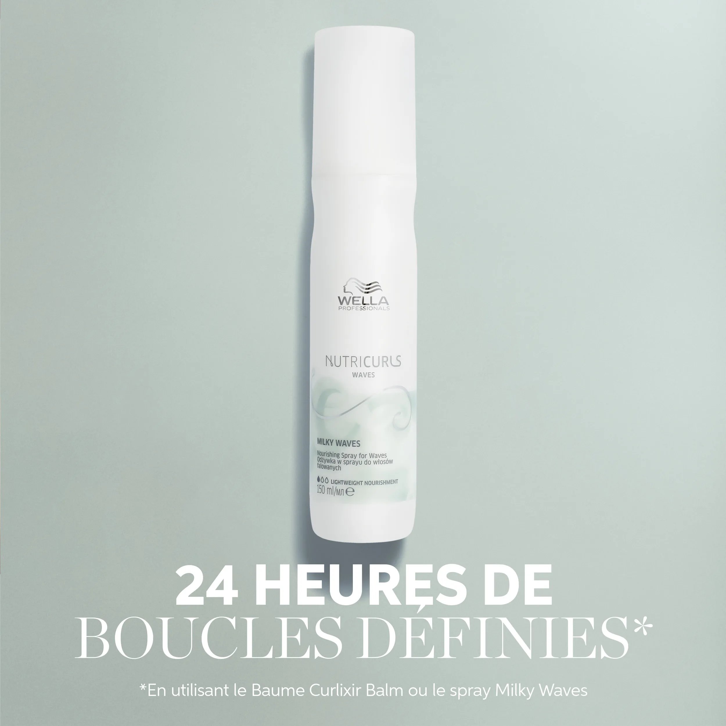 Publicité pour le baume NutriCurls Curlixir de Wella mettant en scène un mannequin aux boucles définies, promouvant la définition des boucles en 24 heures.