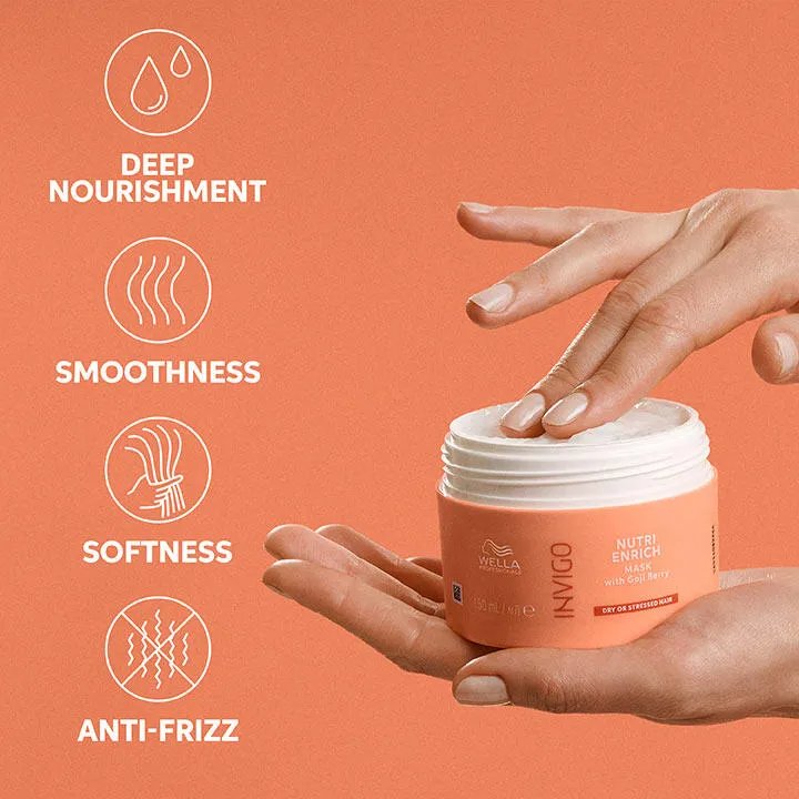 Photograph of a woman's hands holding a tub of Nutri-Enrich mask, beside text which says 'deep nourishment, smoothness, softness & anti-frizz'.