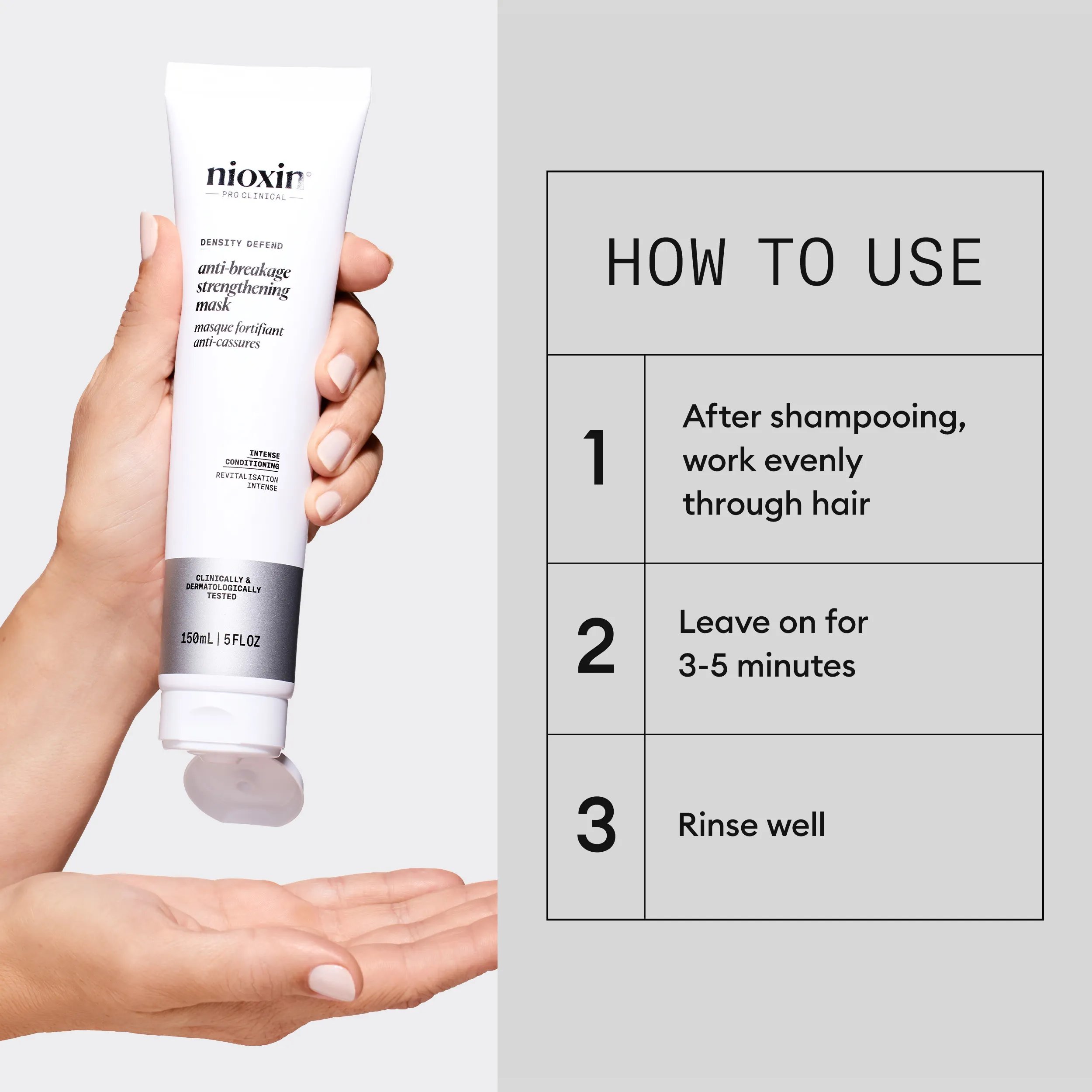 Nioxin Anti breakage strengthening mask in hand against white background and how to use