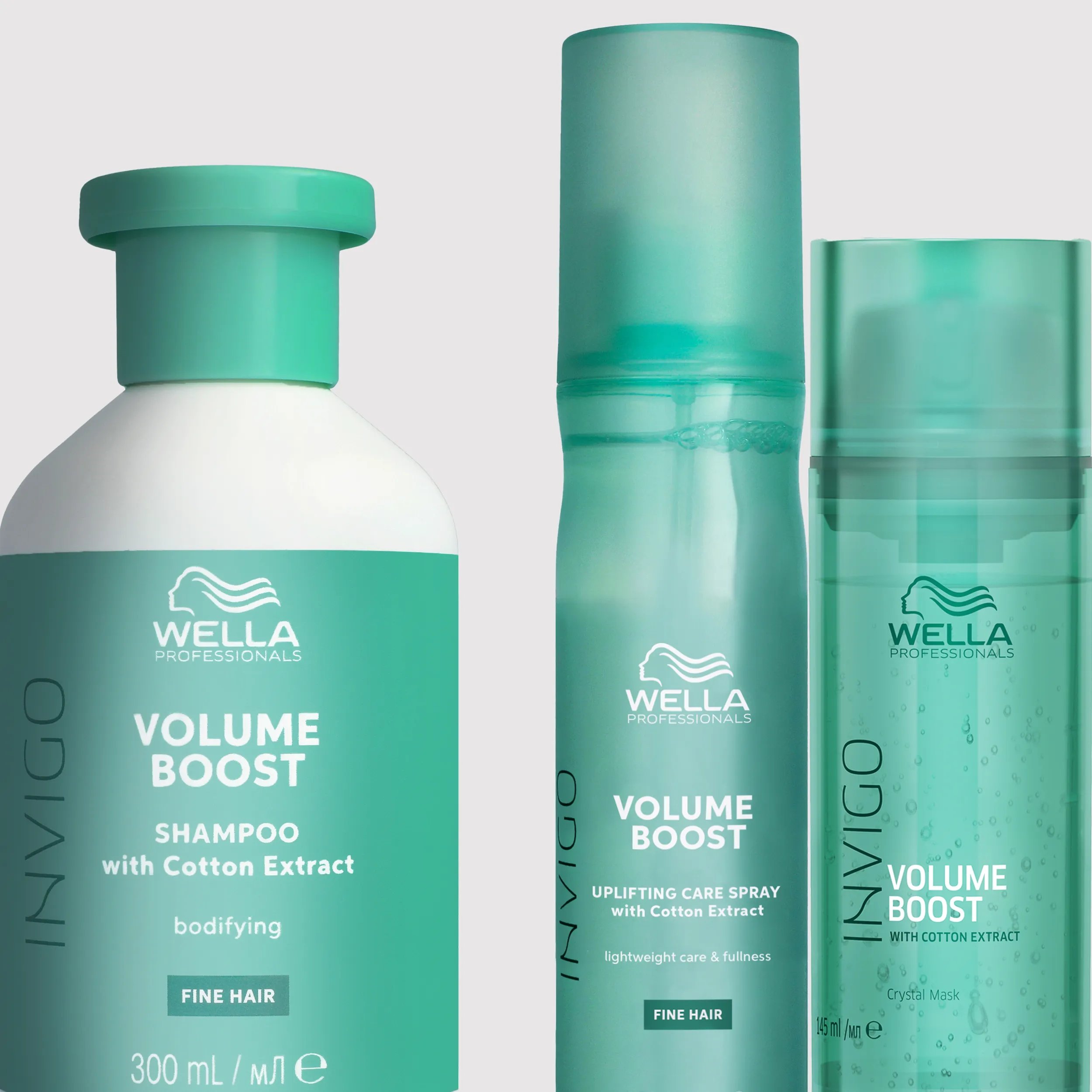 Wella Invigo Volume Boost shampoo and spray product shot.