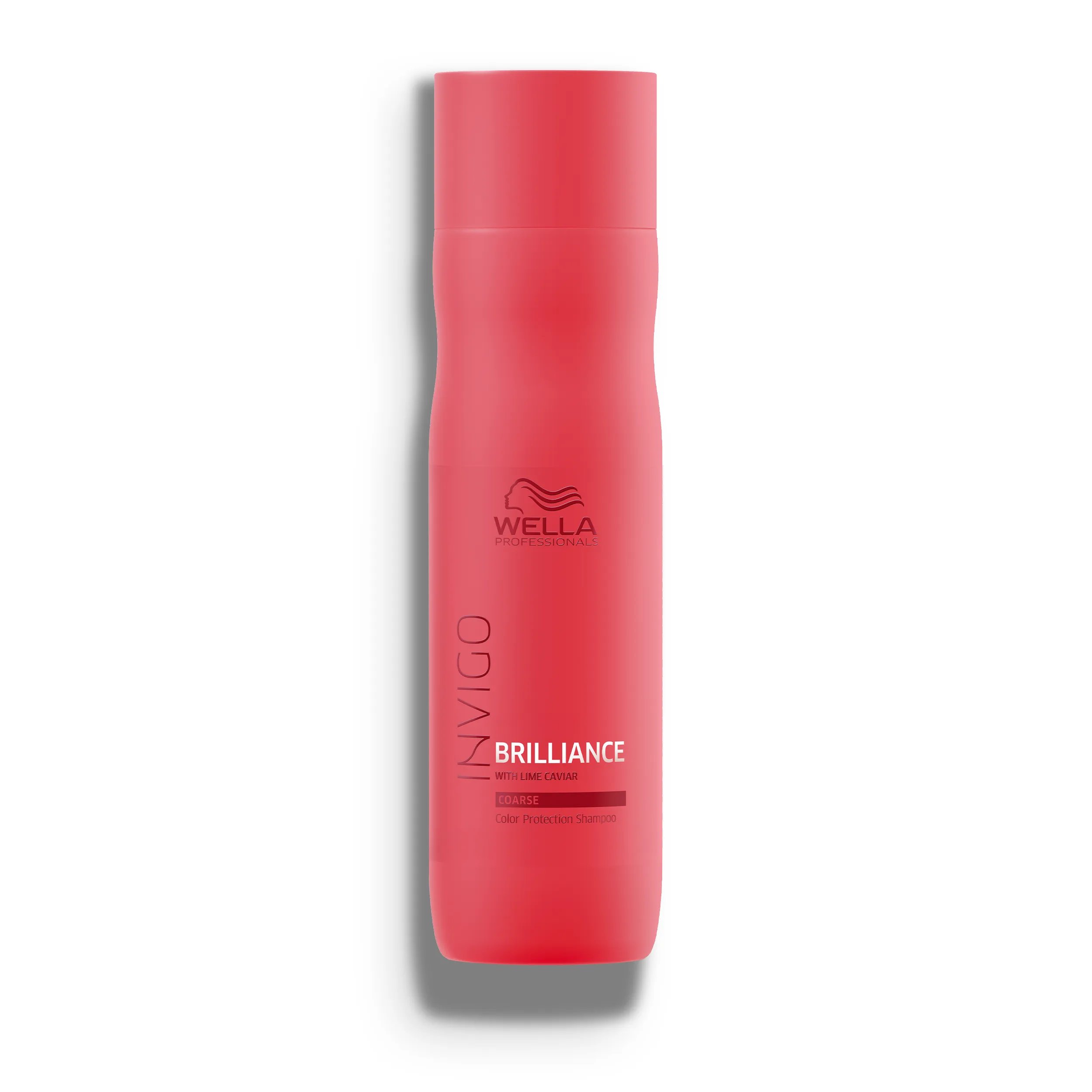 Packshot of Wella Professionals Invigo Brilliance Vibrant Color Shampoo for coarse hair - a red bottle with white font and a darker red Wella logo.