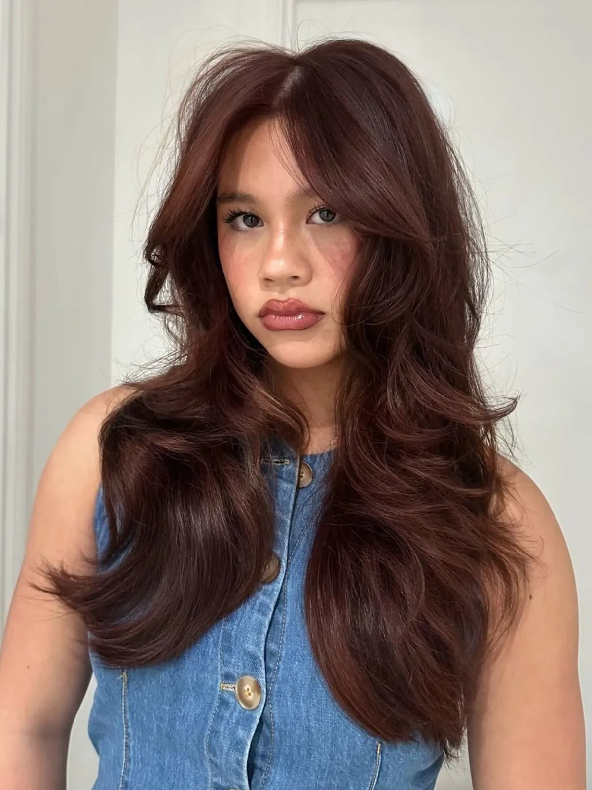 Model with long, dark auburn hair styled in a glossy blow-dry.
