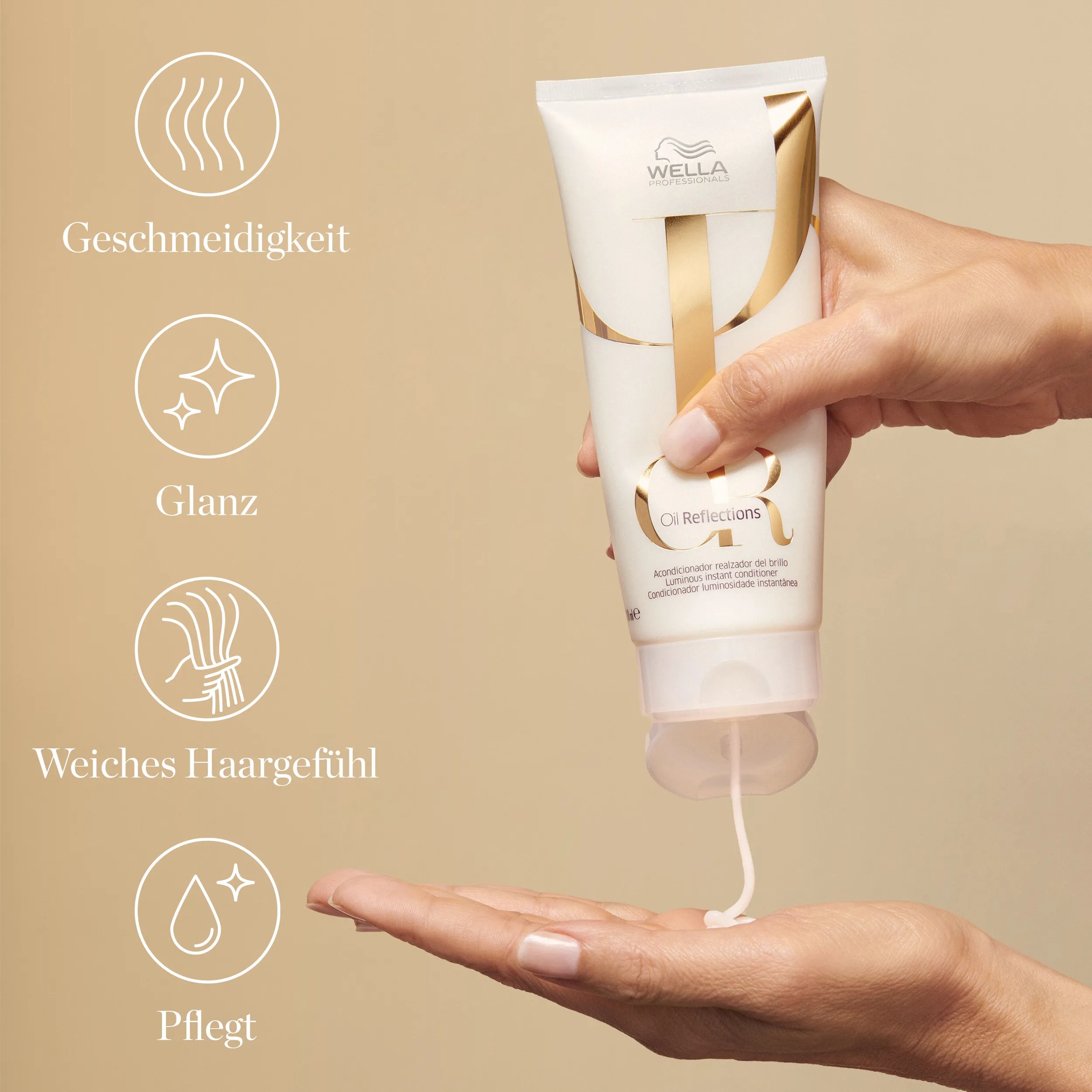 Produktfoto von Wella Professionals Oil Reflections Luminos Instant Conditioner. Der Text besagt: Geschmeidigkeit, Glanz, weiches Haar, pflegt.