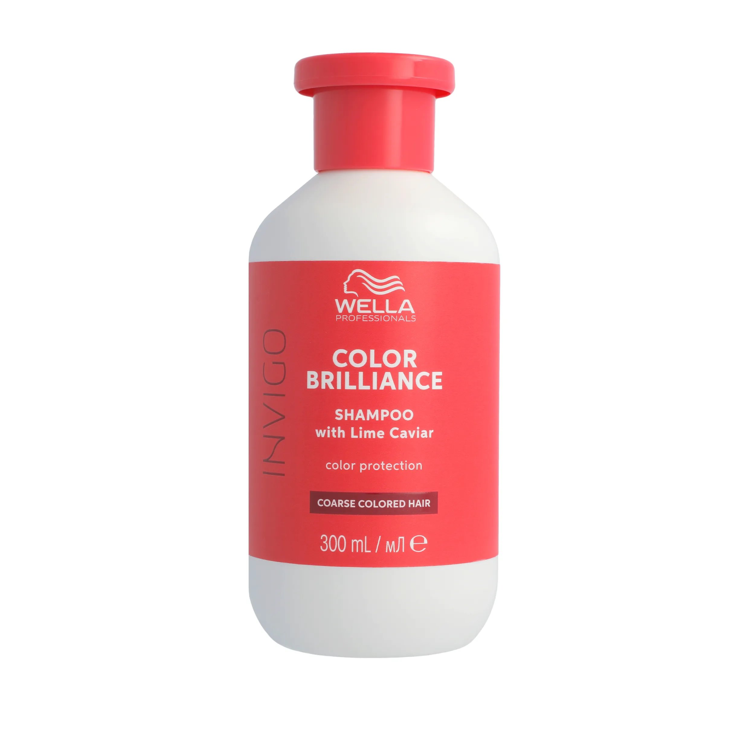 Packshot of Wella Professionals Invigo Brilliance Vibrant Color Shampoo for coarse hair - a red bottle with white font and a darker red Wella logo.