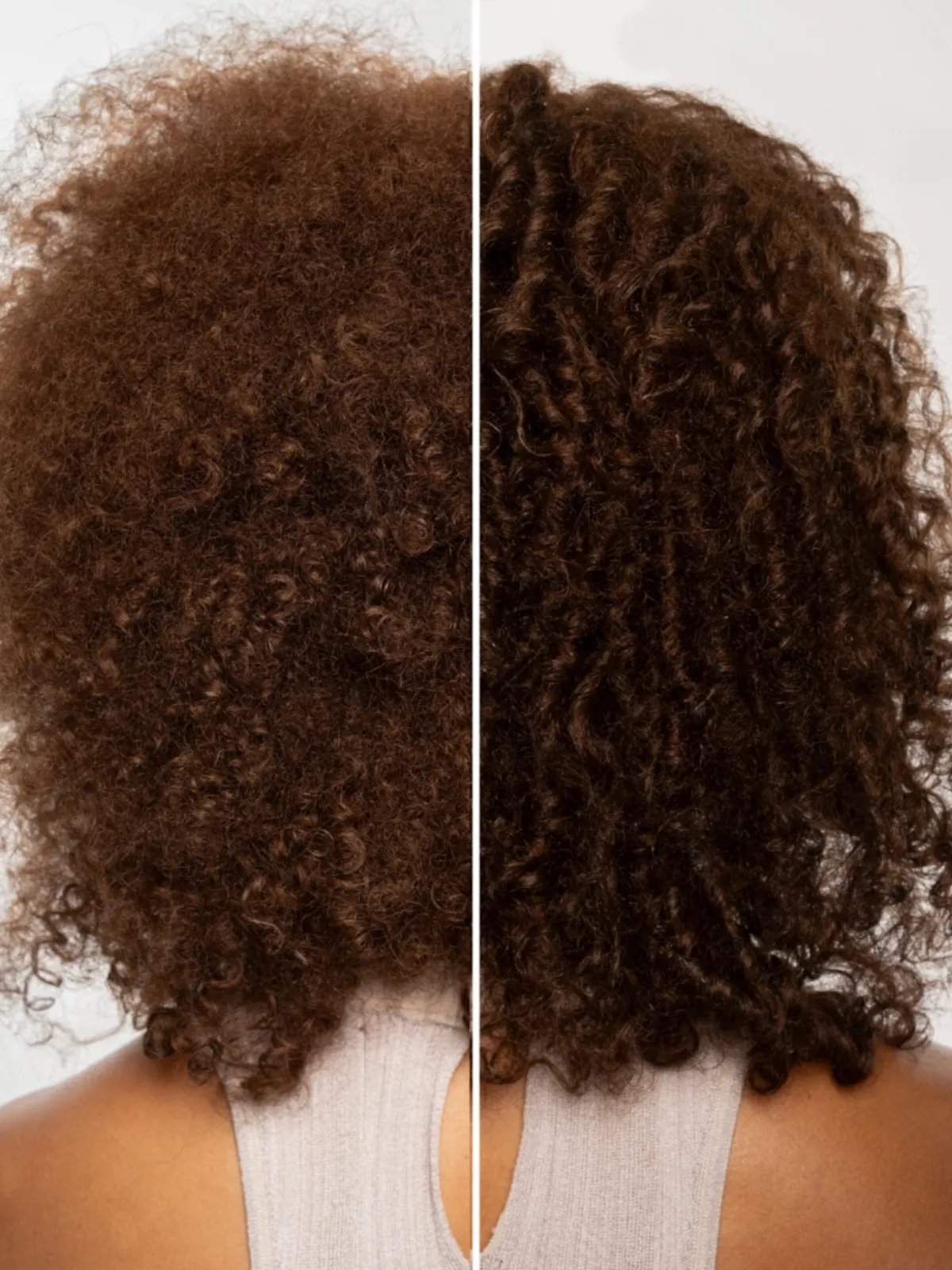 Before and after showing model’s curly, brown hair looking glossy after a Glass Liquid Layer service.