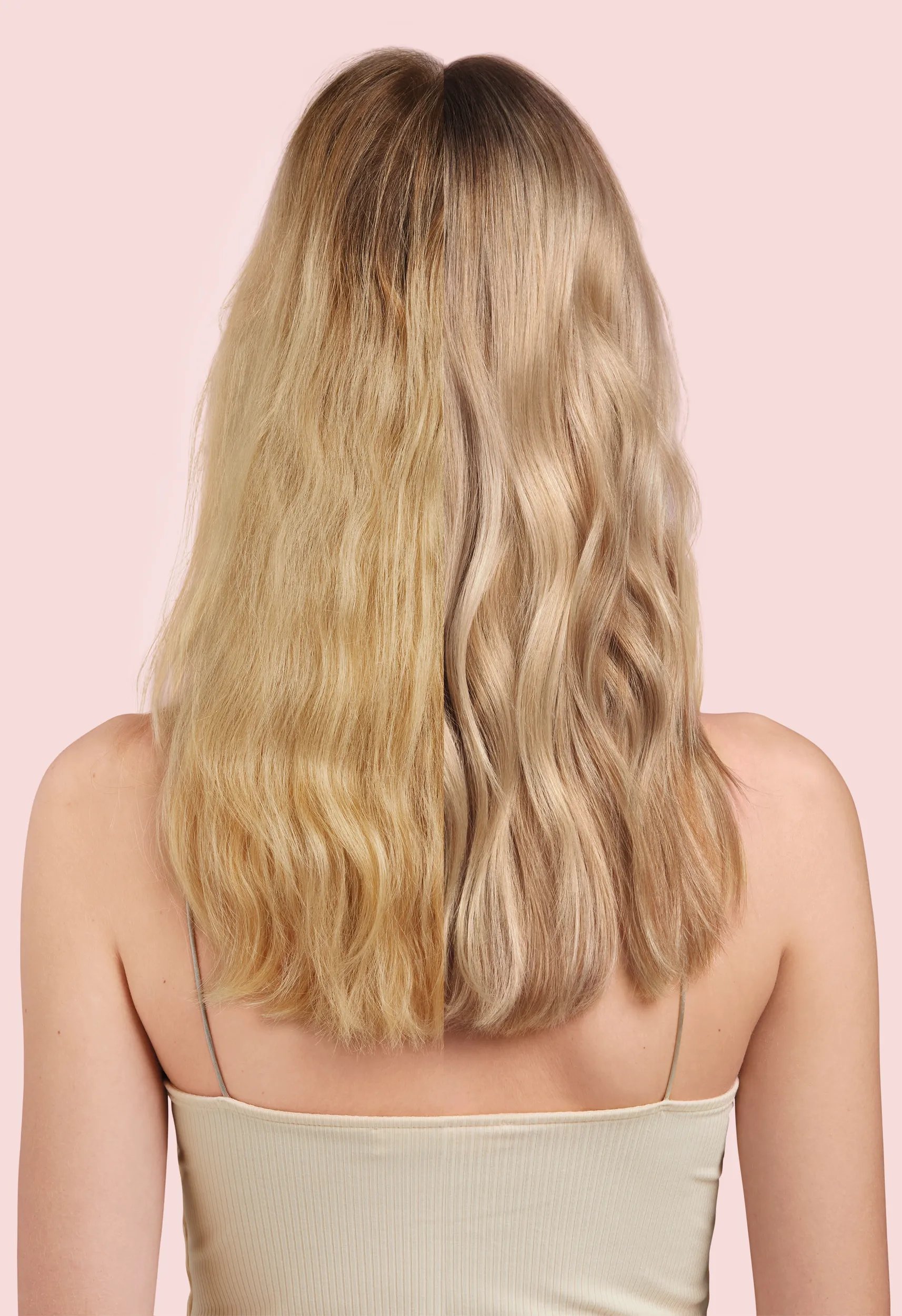 Before and after showing brassy blonde hair appearing cooler after using SHINEFINITY. 