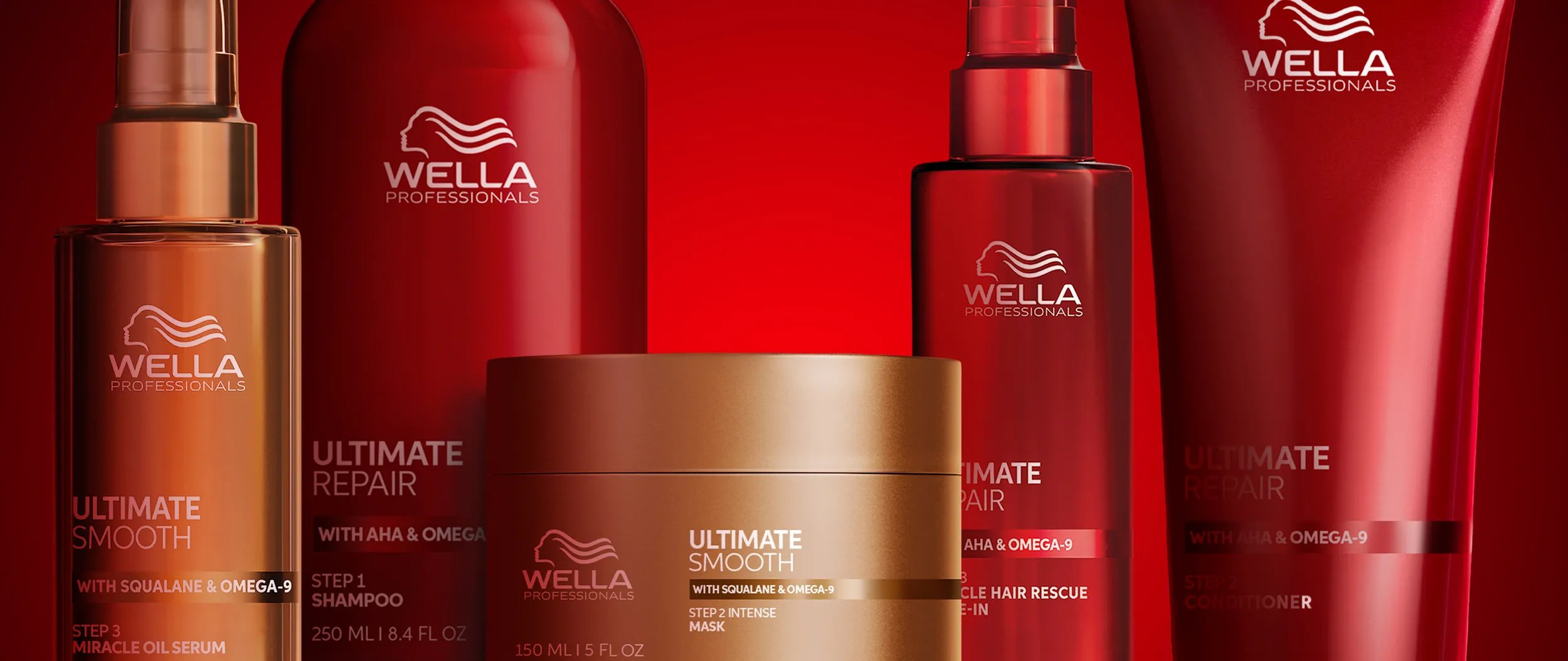 Image of Wella Ultimate Repair serum, shampoo, conditioner and Ultimate Smooth mask.