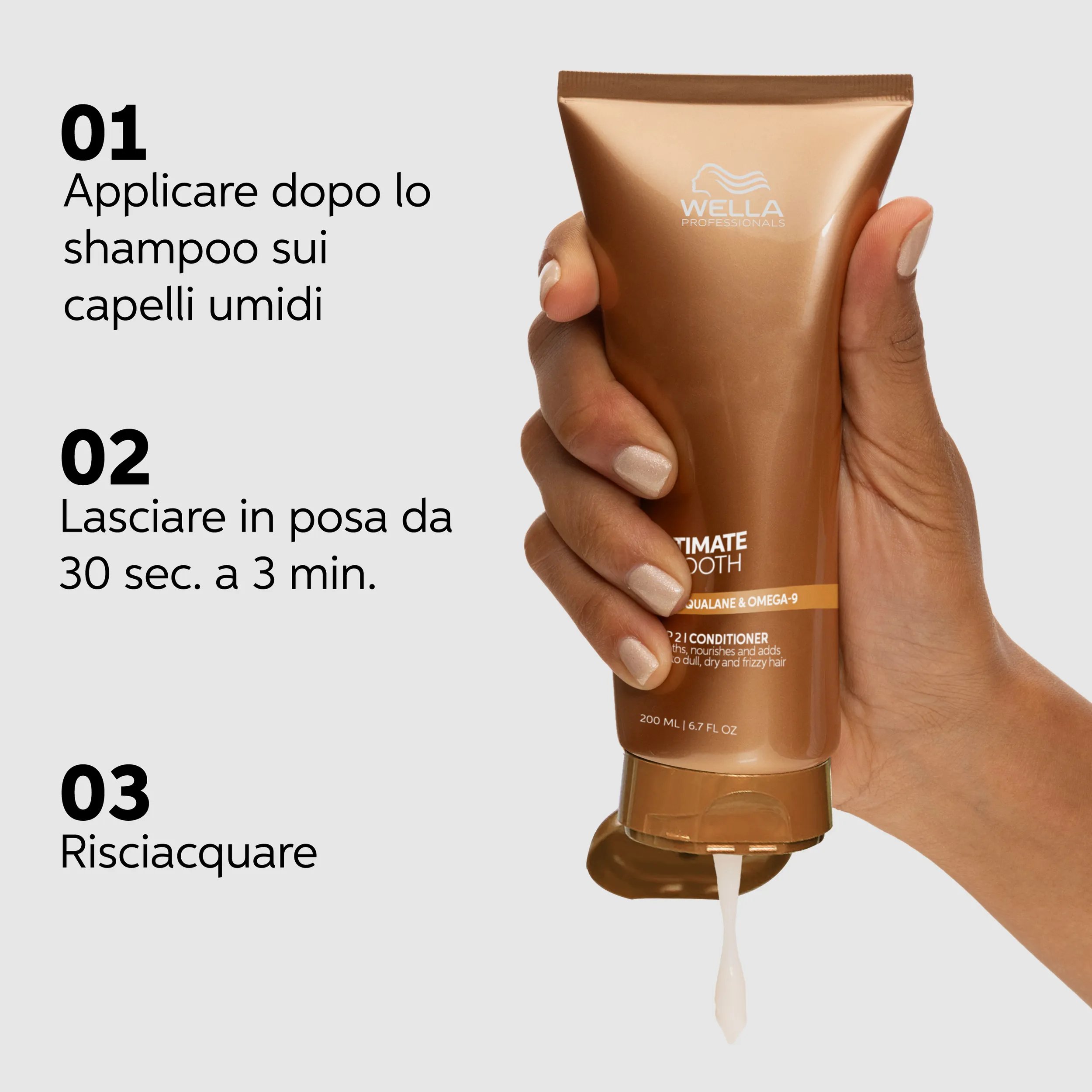 Packshot di Wella Professionals Ultimate Smooth Conditioner con le modalità d'uso. Il testo dice: Applicare sui capelli lavati umidi, lasciare in posa da 30 secondi a 3minuti, sciacquare.