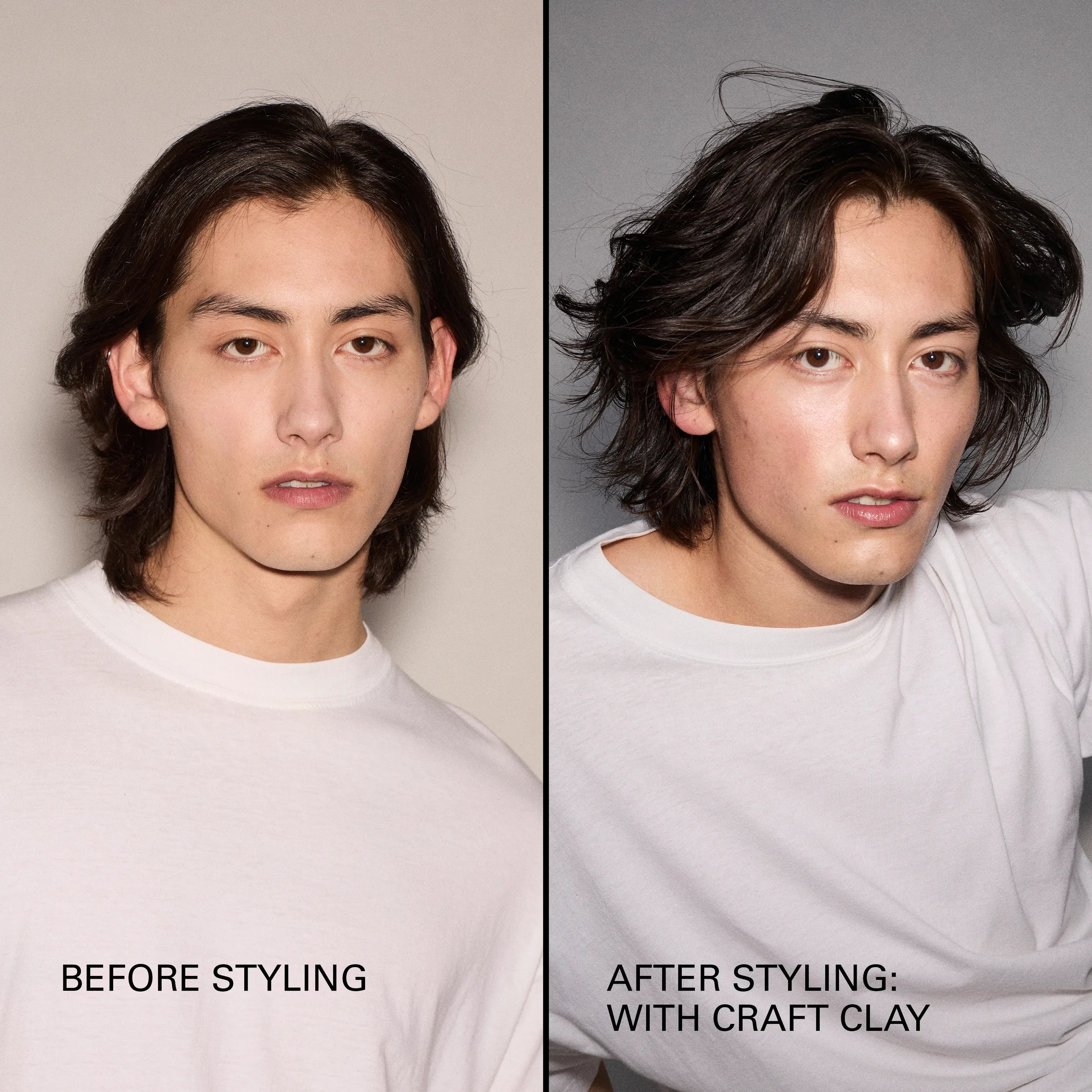 Image avant et après d'un mannequin aux cheveux bruns ondulés et mi-longs. À droite, les cheveux du mannequin ne sont pas coiffés et à gauche, ils sont coiffés avec plus de texture.