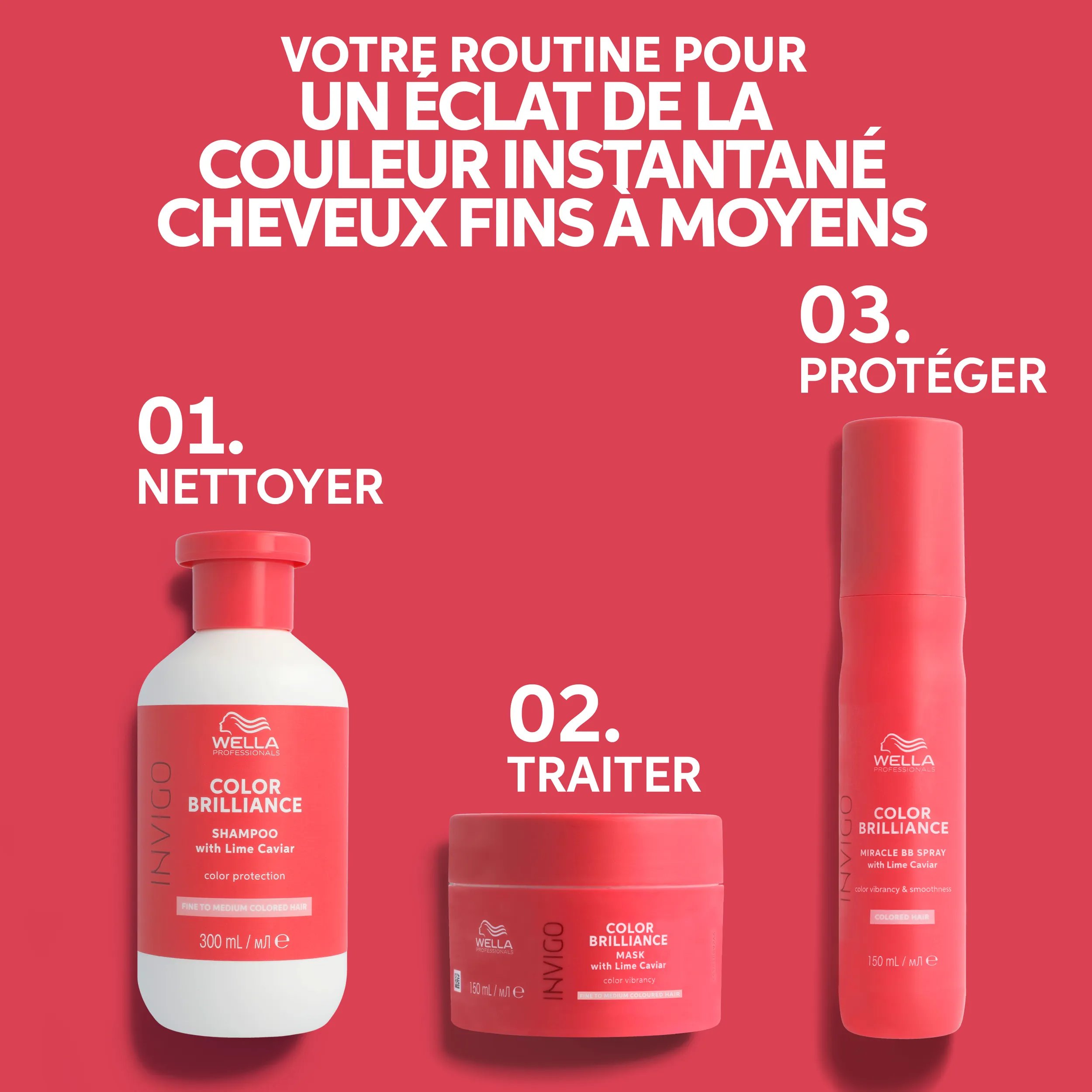 Texte indiquant "votre régime d'éclat de couleur instantané pour les cheveux fins à moyennement colorés". Les packshots des 3 produits Invigo Brilliance sont inclus en 3 étapes : étape 1 - nettoyer avec le shampooing Invigo Brilliance. Étape 2 - après-shampoing. Étape 3 - traiter avec le masque capillaire.