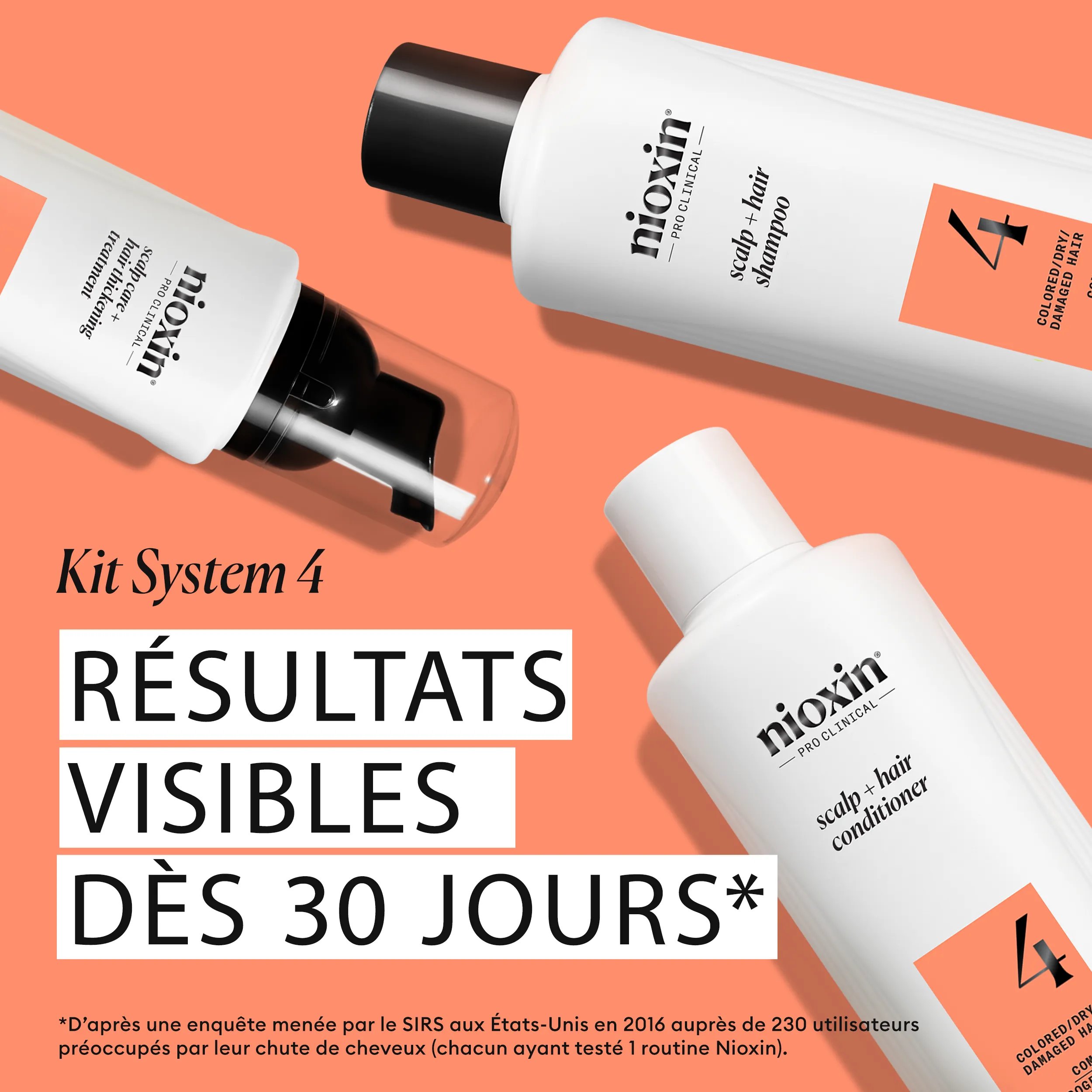 3 soins du Kit System 04 de Nioxin présentés sous forme triangulaire sur fond blanc et orange