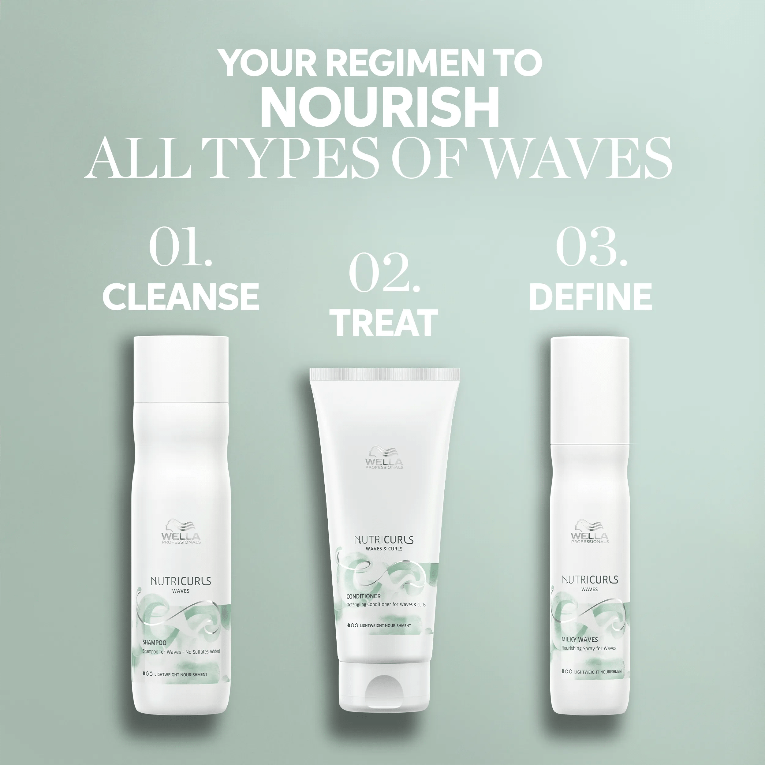 Wella NutriCurls wave regimen: Cleanse, Treat, Define.