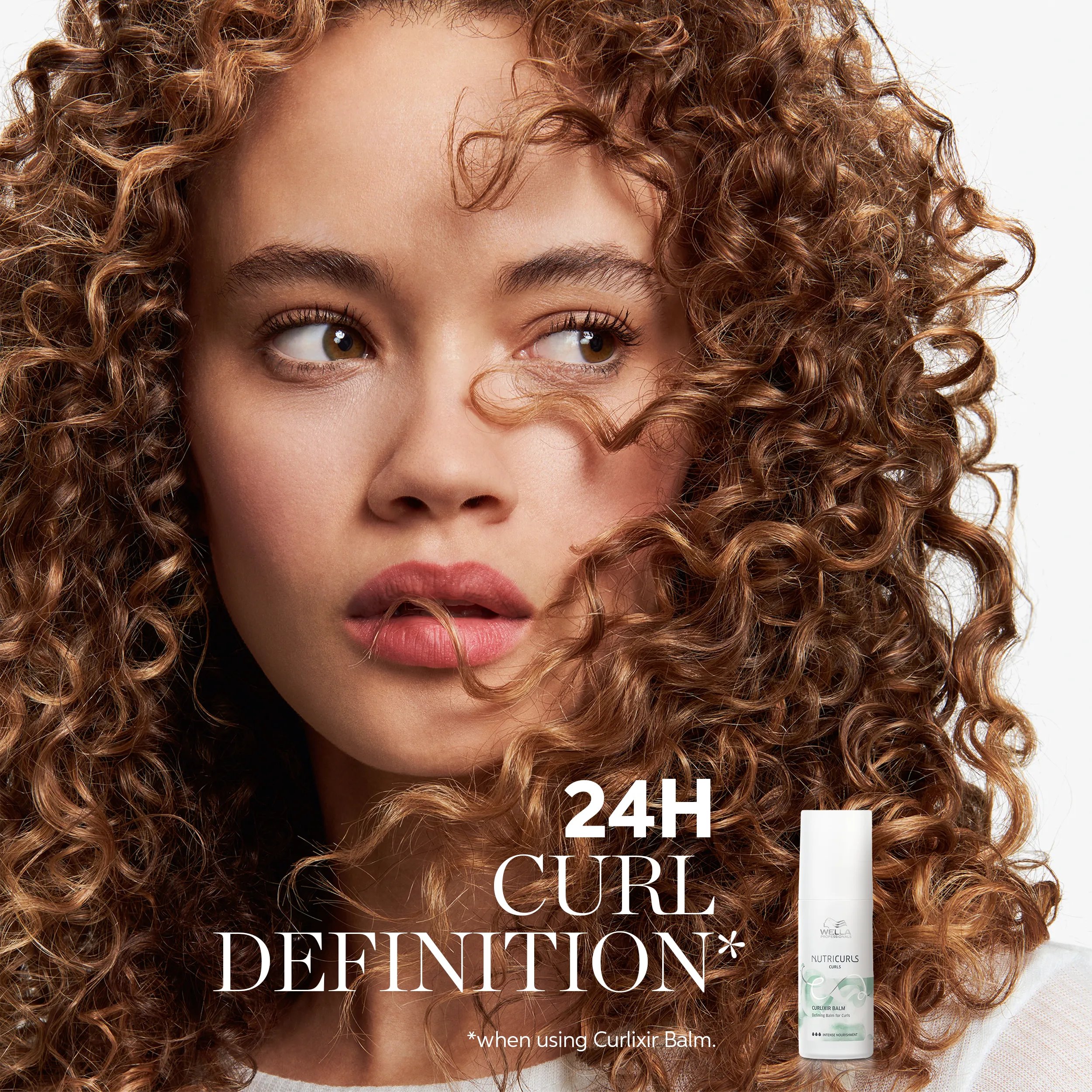 Wella NutriCurls Curlixir Balm advertisement featuring a model with defined curls, promoting 24-hour curl definition.