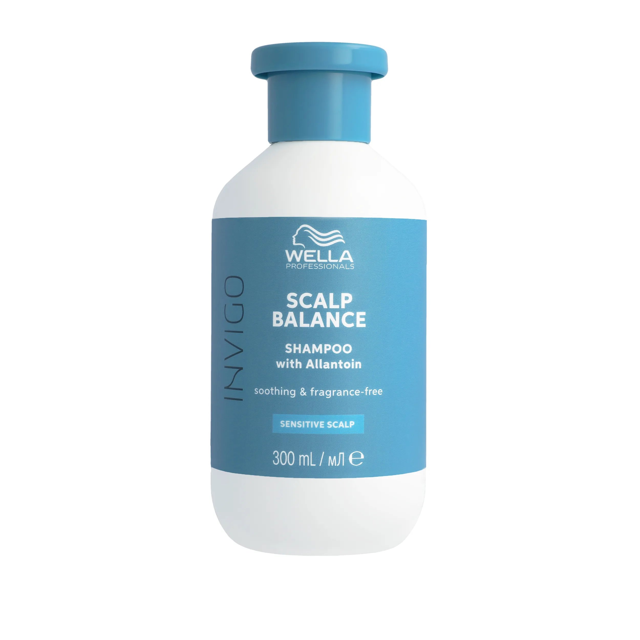Packshot of Wella Professionals Invigo scalp balance Shampoo  a blue bottle with white font. 