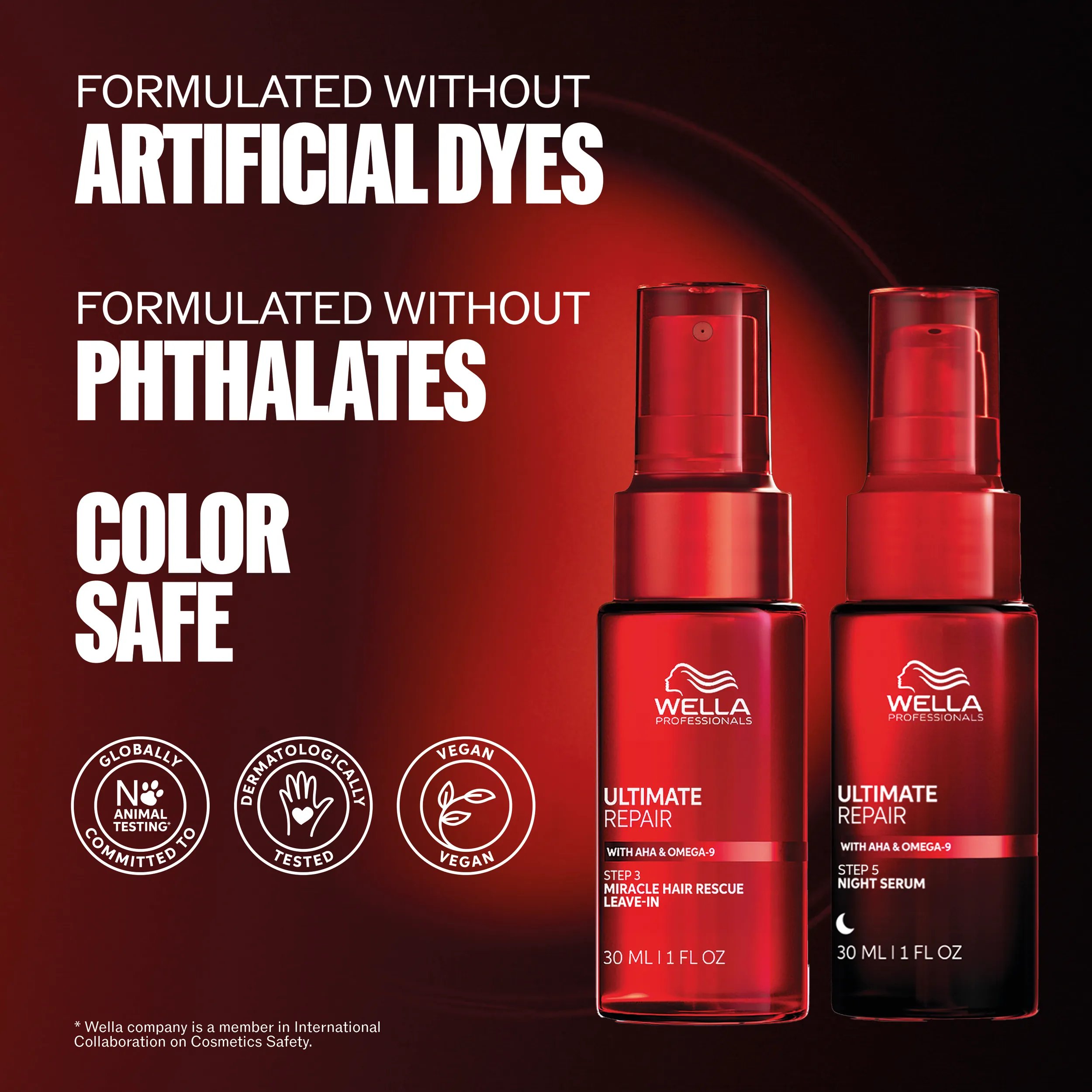 Packshot of Wella Ultimate Repair Leave-in and Night Serum. Text reads formulated without artificial dyes and phthalates, color safe.