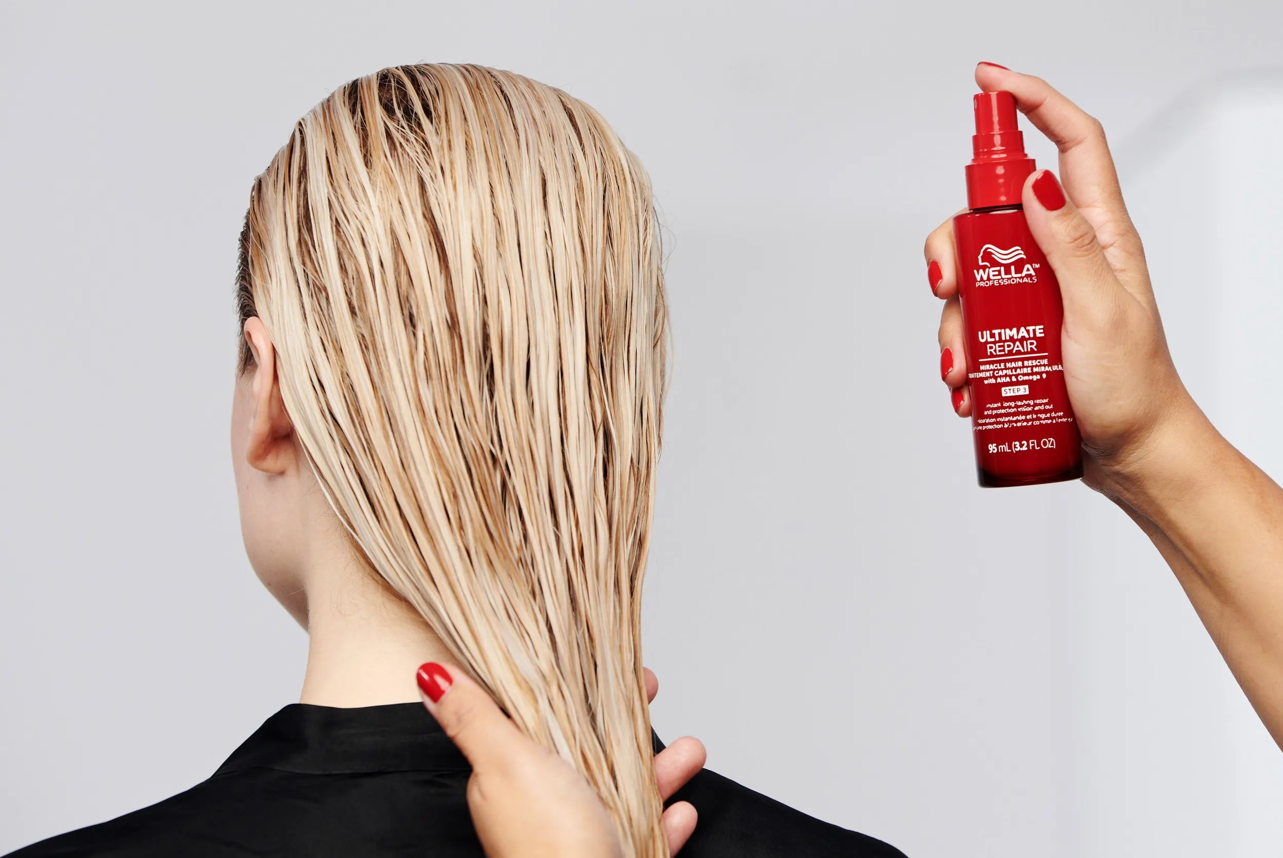 ULTIMATE REPAIR Miracle Hair Rescue is sprayed through clean, damp hair.