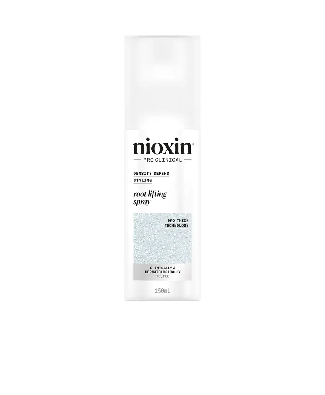 Flacone di Nioxin Root Lifting Spray su sfondo bianco