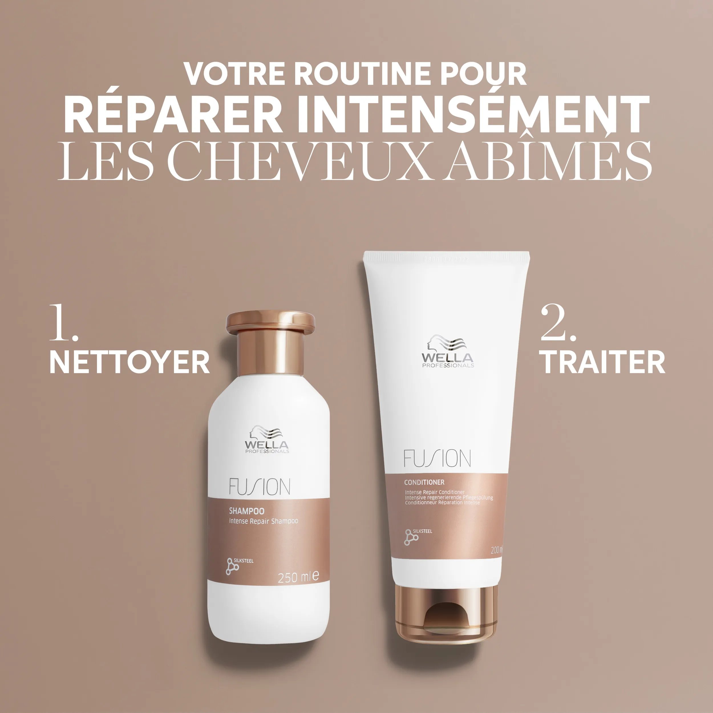 Texte disant "votre régime pour aider instantanément à réparer les cheveux abîmés". Les packshots des 3 produits Fusion sont inclus en 3 étapes : étape 1 - nettoyer avec le shampooing Fusion. Étape 2 - après-shampoing avec l'après-shampoing Fusion. Étape 3 - traiter avec le masque capillaire Fusion.