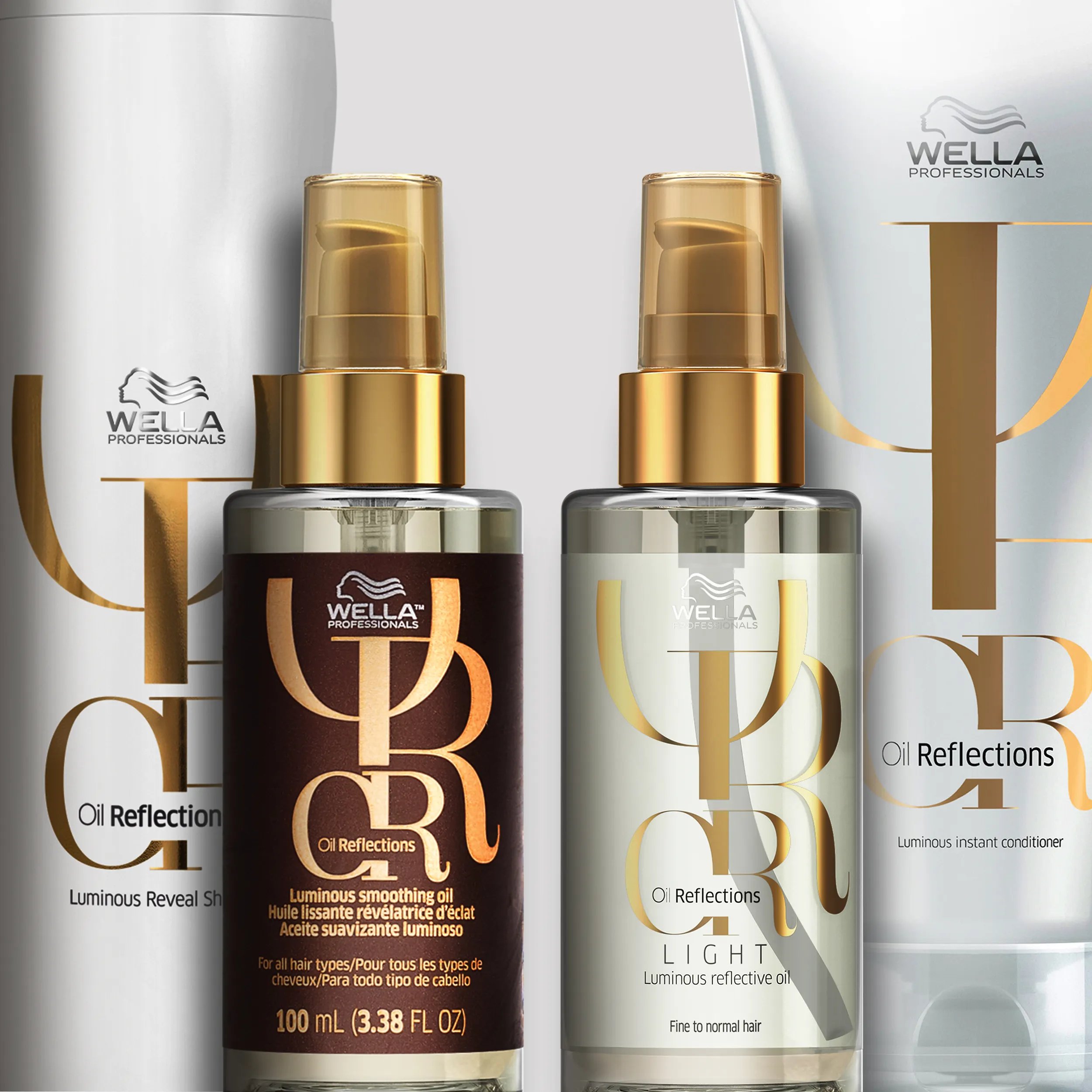 Wella Oil Reflections shampoo, conditioner, hair oil, and smoothing oil product shot.