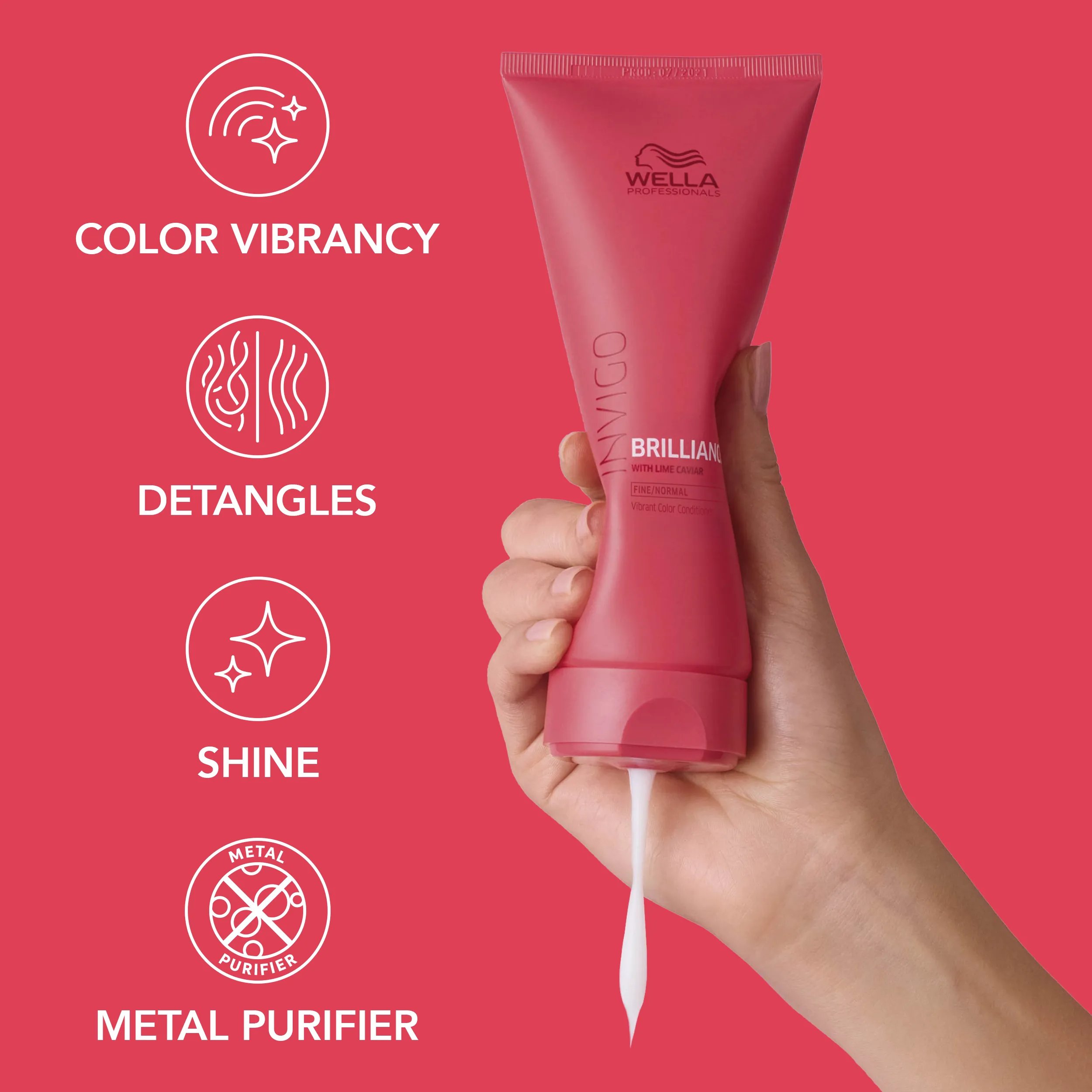 Photograph of a woman's arm holding a tube of Invigo Brilliance Fine Hair Conditioner, beside text which says 'color vibrancy, detangles, shine & metal purifier'.