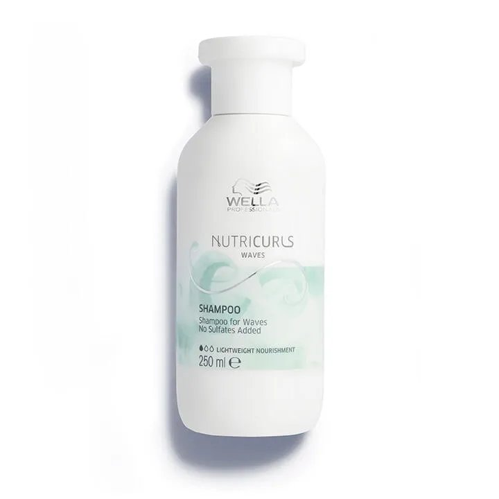 A white bottle of Wella Professionals NutriCurls shampoo.