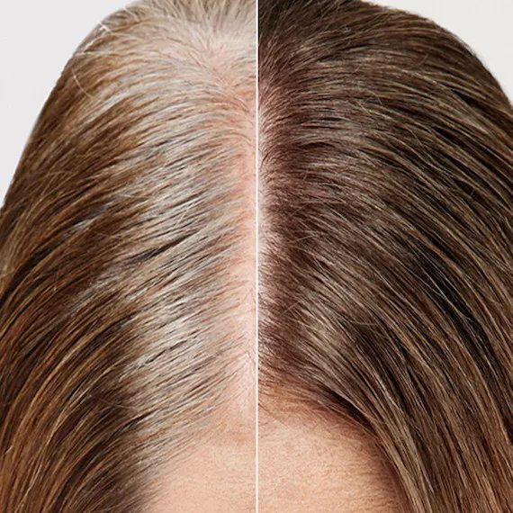 Before and after showing how Koleston Xpress covers grey roots on brown hair.